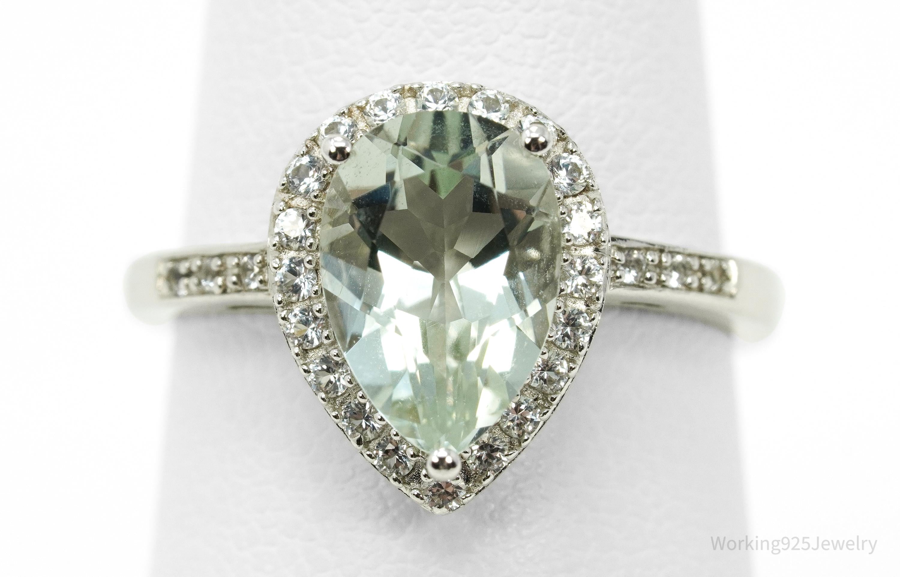 Vintage Green Prasiolite & White Topaz Sterling Silver Ring - Size 6