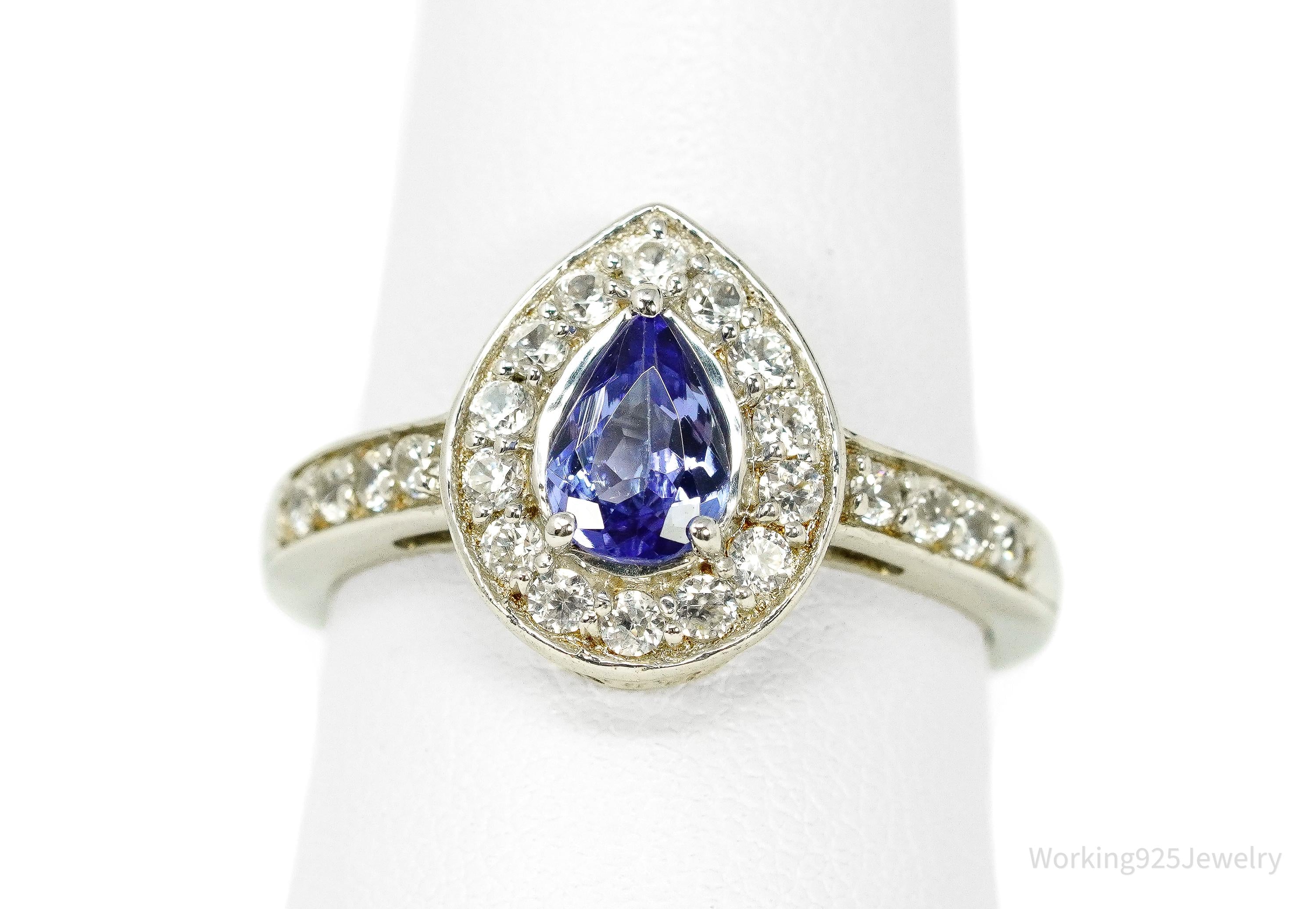 Tanzanite & White Zircon Rhodium Over Sterling Silver Ring - Size 8