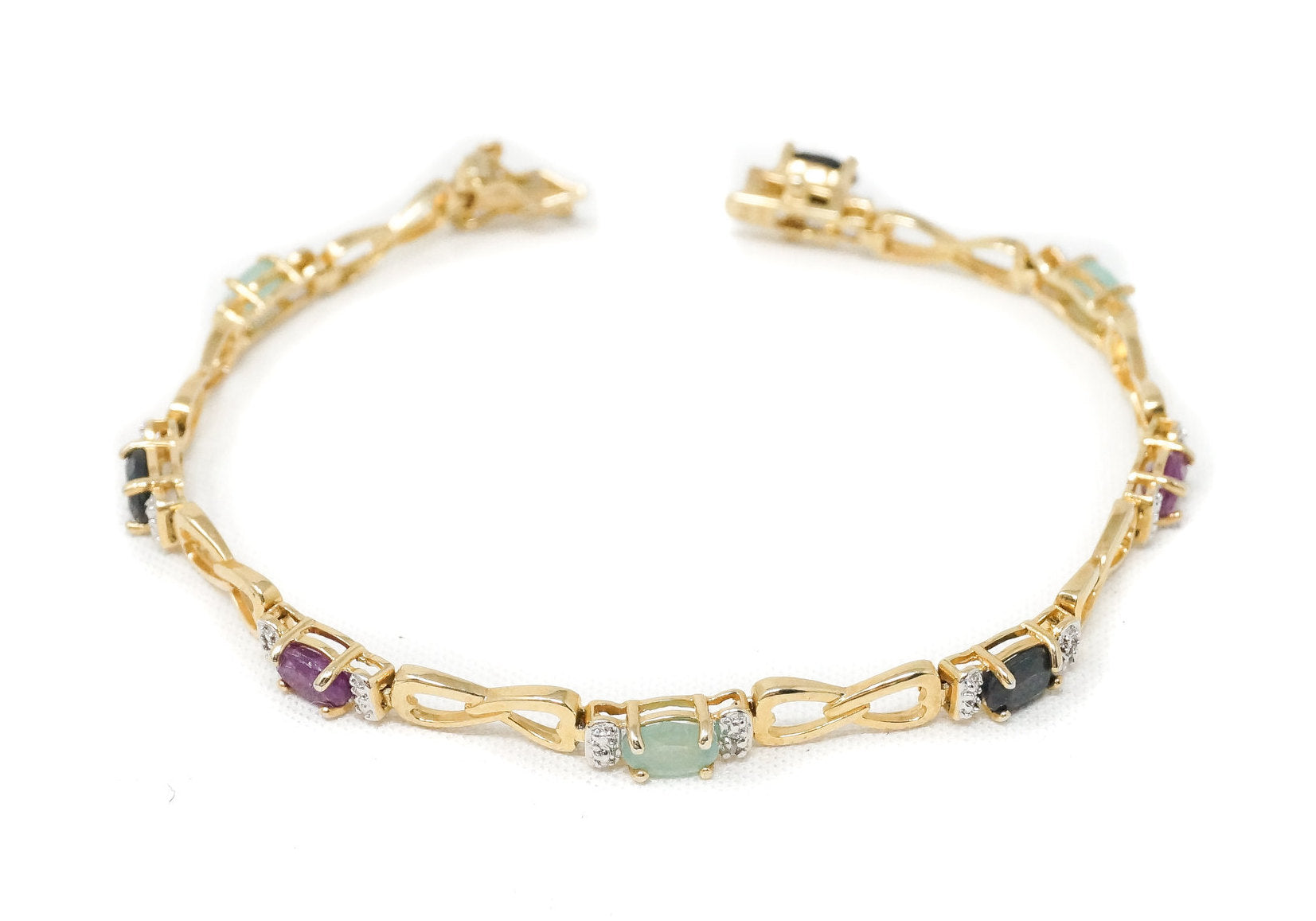Vtg Art Deco Ruby Emerald Blue Sapphire Gold Vermeil Sterling Silver Bracelet