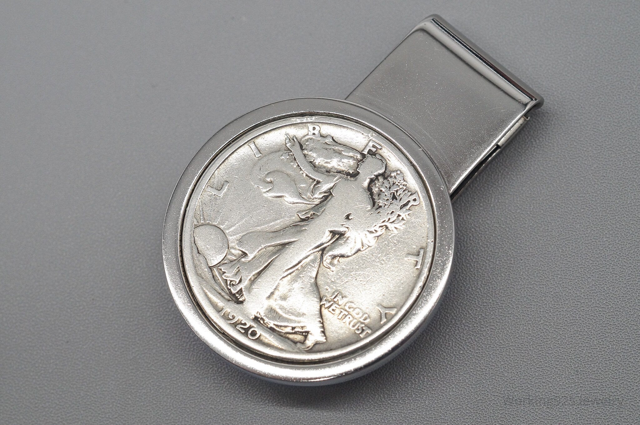 Antique Vintage 1920 Walking Liberty Half Dollar Silver Coin St. Steel Money Clip