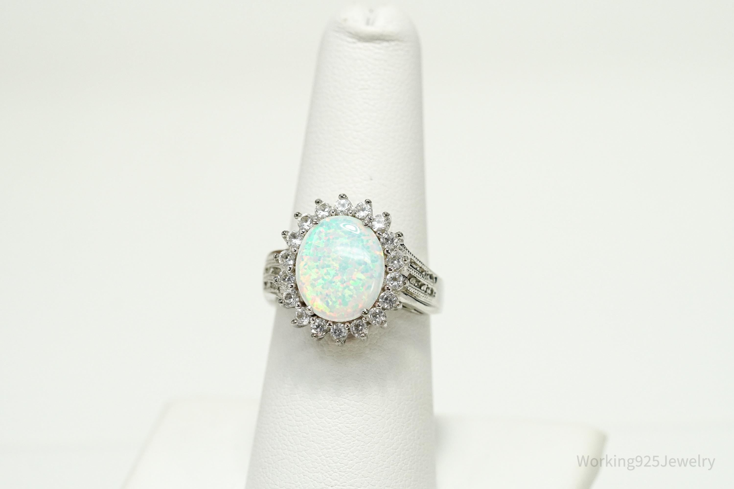 Vintage JWBR Opal, Diamond, & White Topaz Sterling Silver Ring - Size 7