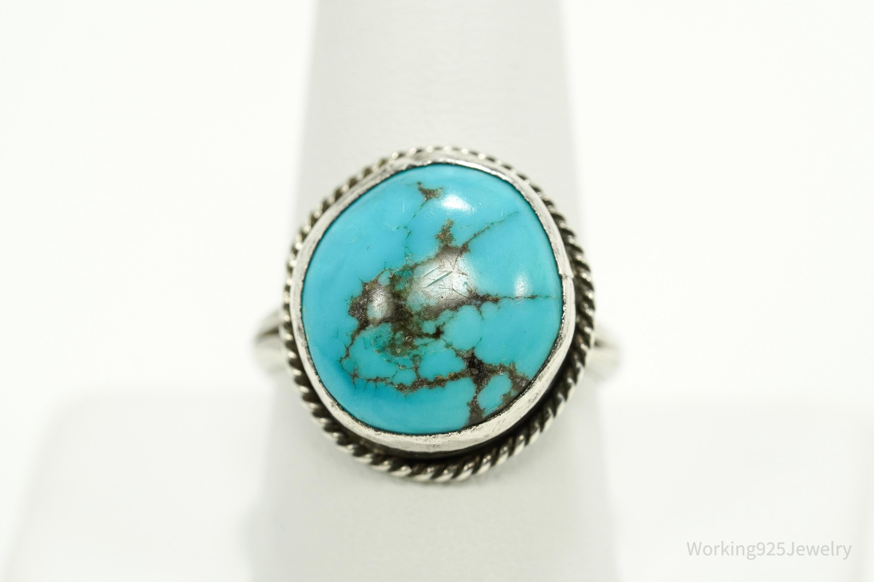 Vintage Handmade Native American Turquoise Unsigned Silver Ring - Size 10.25