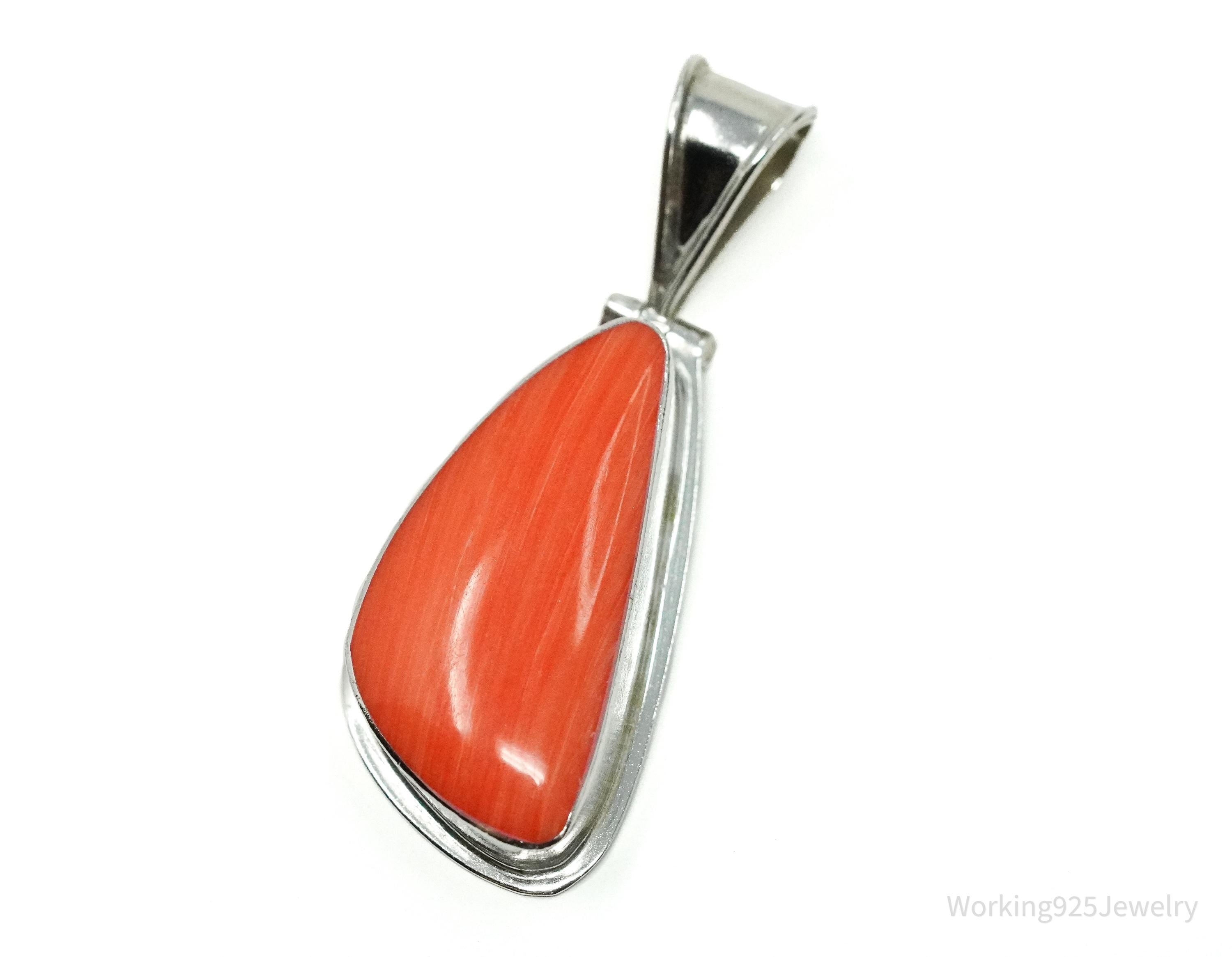 Large Vintage Mexican Peach Coral Sterling Silver Pendant