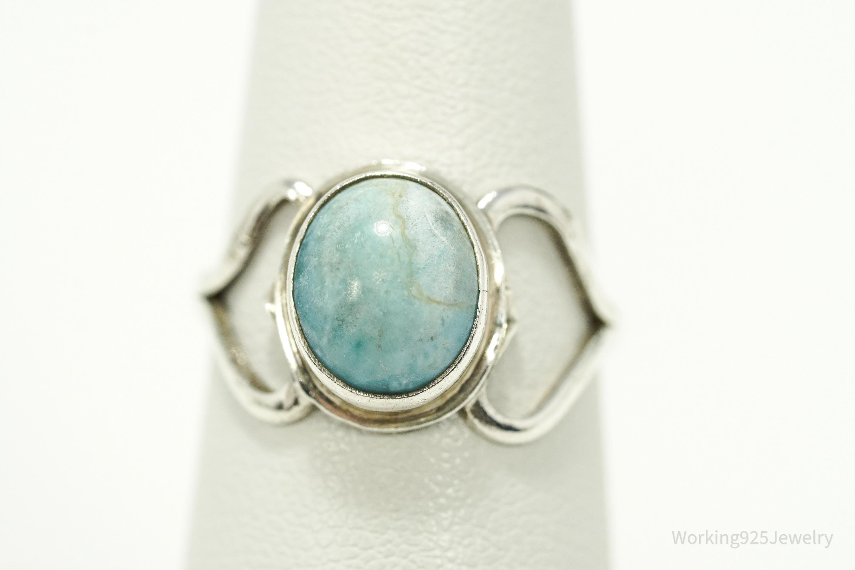 Vintage Blue Larimar Modernist Style Sterling Silver Ring - Size 6.25
