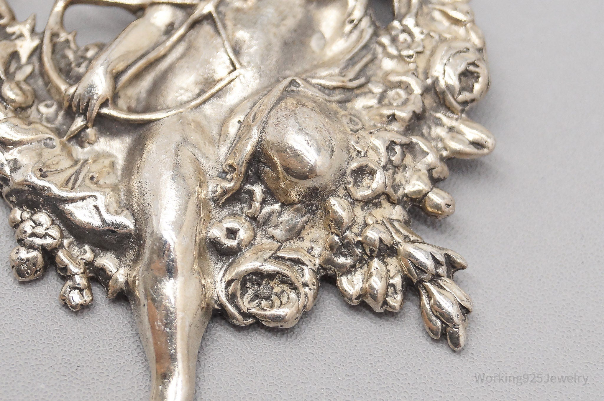 Large Vintage Cupid Angel Sterling Silver Brooch Pin