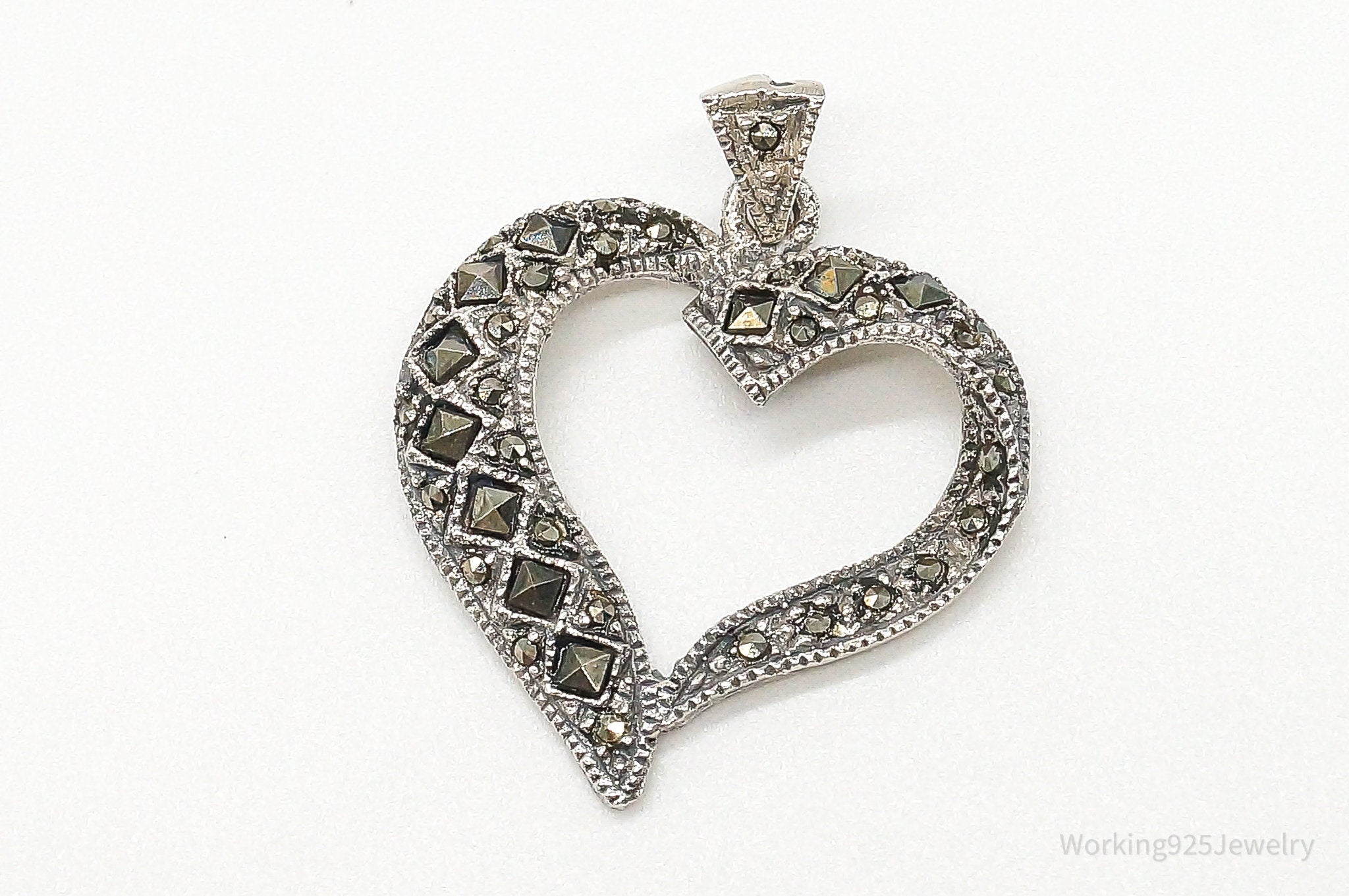 Vintage Marcasite Heart Cut Out Art Deco Sterling Silver Pendant