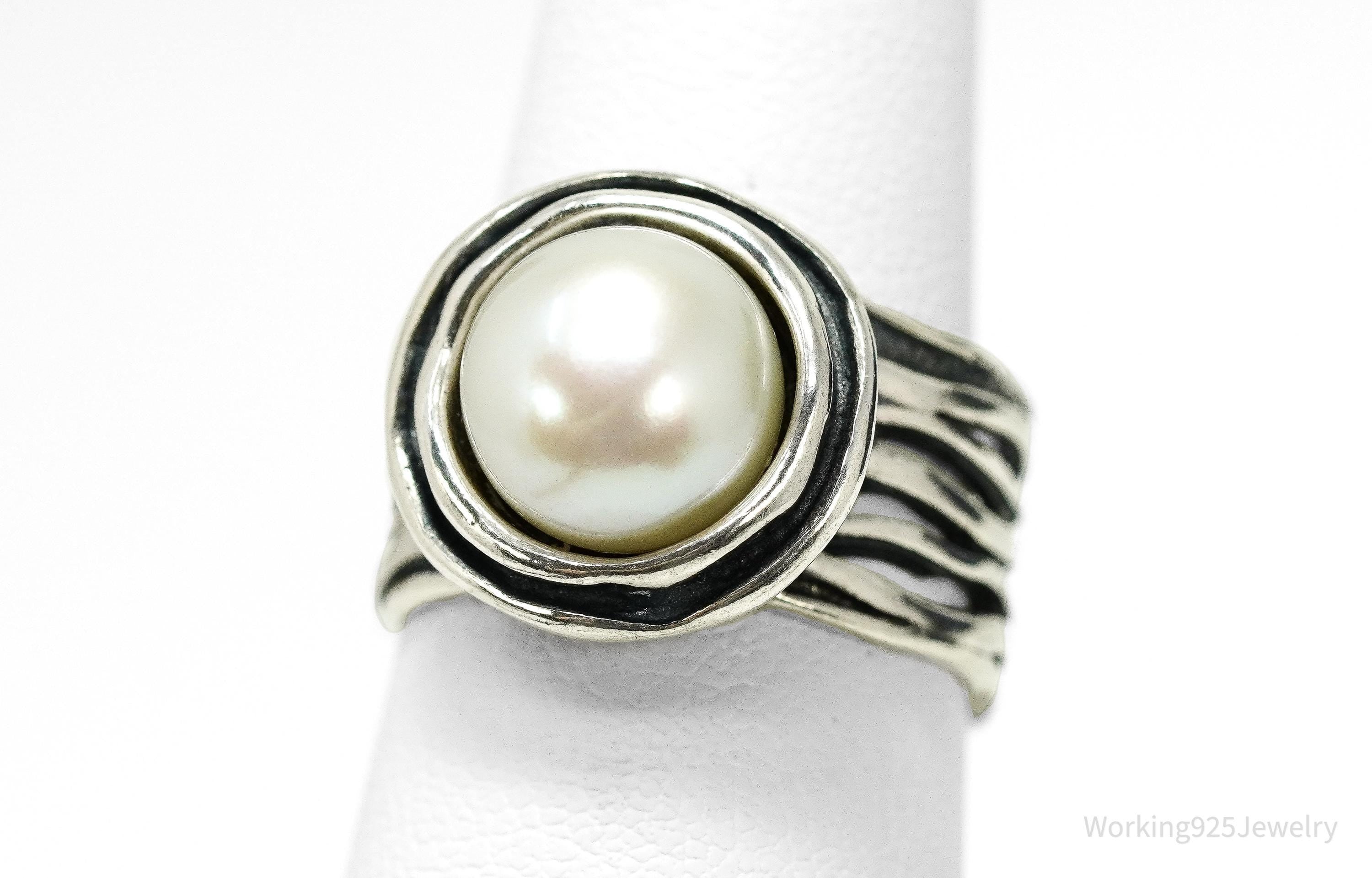 Vintage Israel Large White Pearl Sterling Silver Ring - Size 7