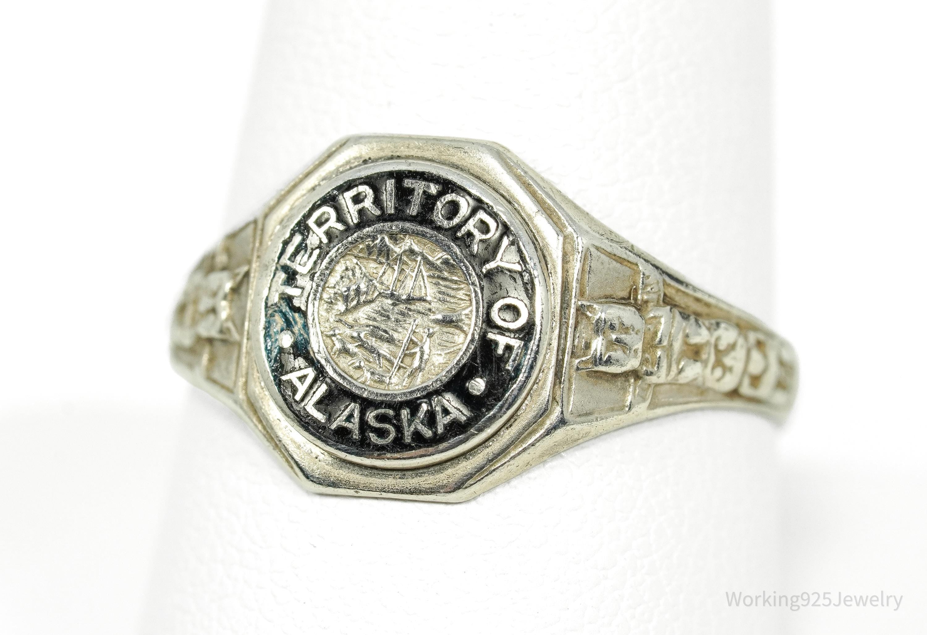 RARE 1930s Territory Of Alaska Souvenir Sterling Silver Ring - Size 9.75