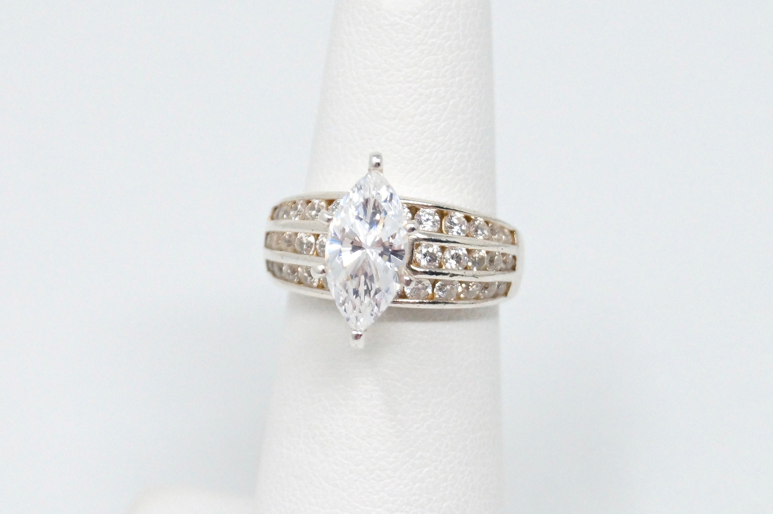 Vintage Large Simulated Diamond Ring Sterling Silver - Size 5