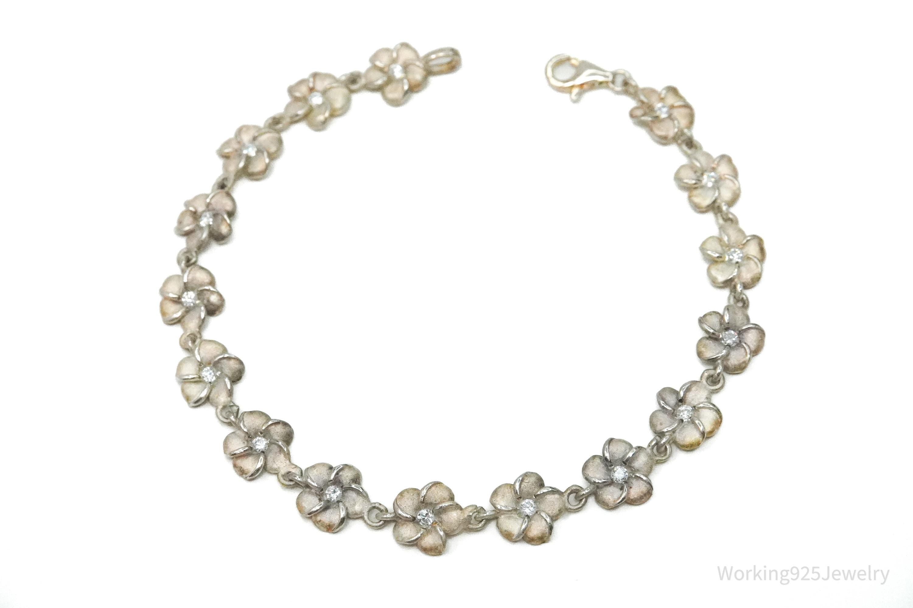Vintage Cubic Zirconia Flowers Sterling Silver Bracelet 7 5/8"