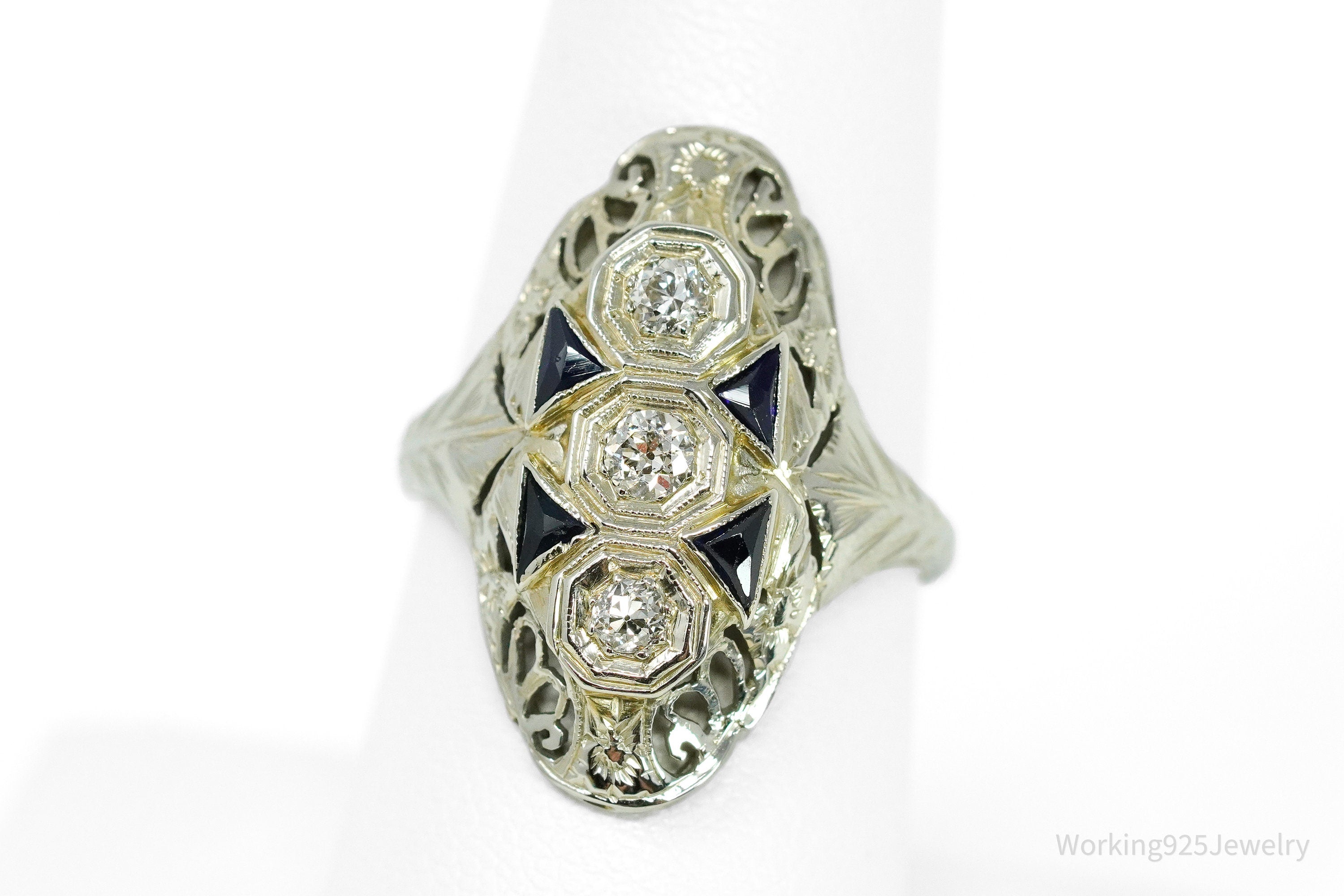 Circa Art Deco Era 18K White Gold, Diamonds And Sapphire Ring - Size 7.5