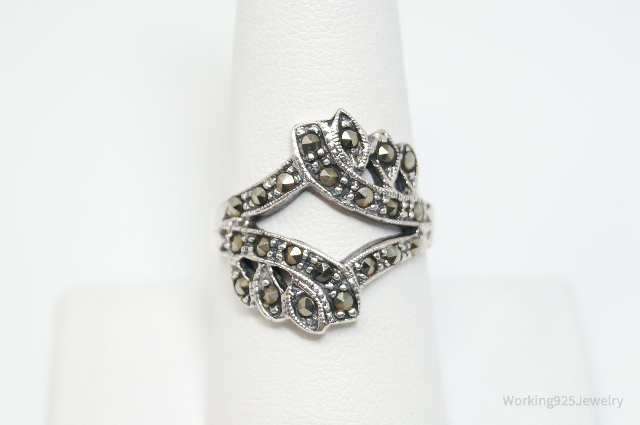 Vtg Art Deco Style Marcasite Ring Sterling Silver - Sz 8.75