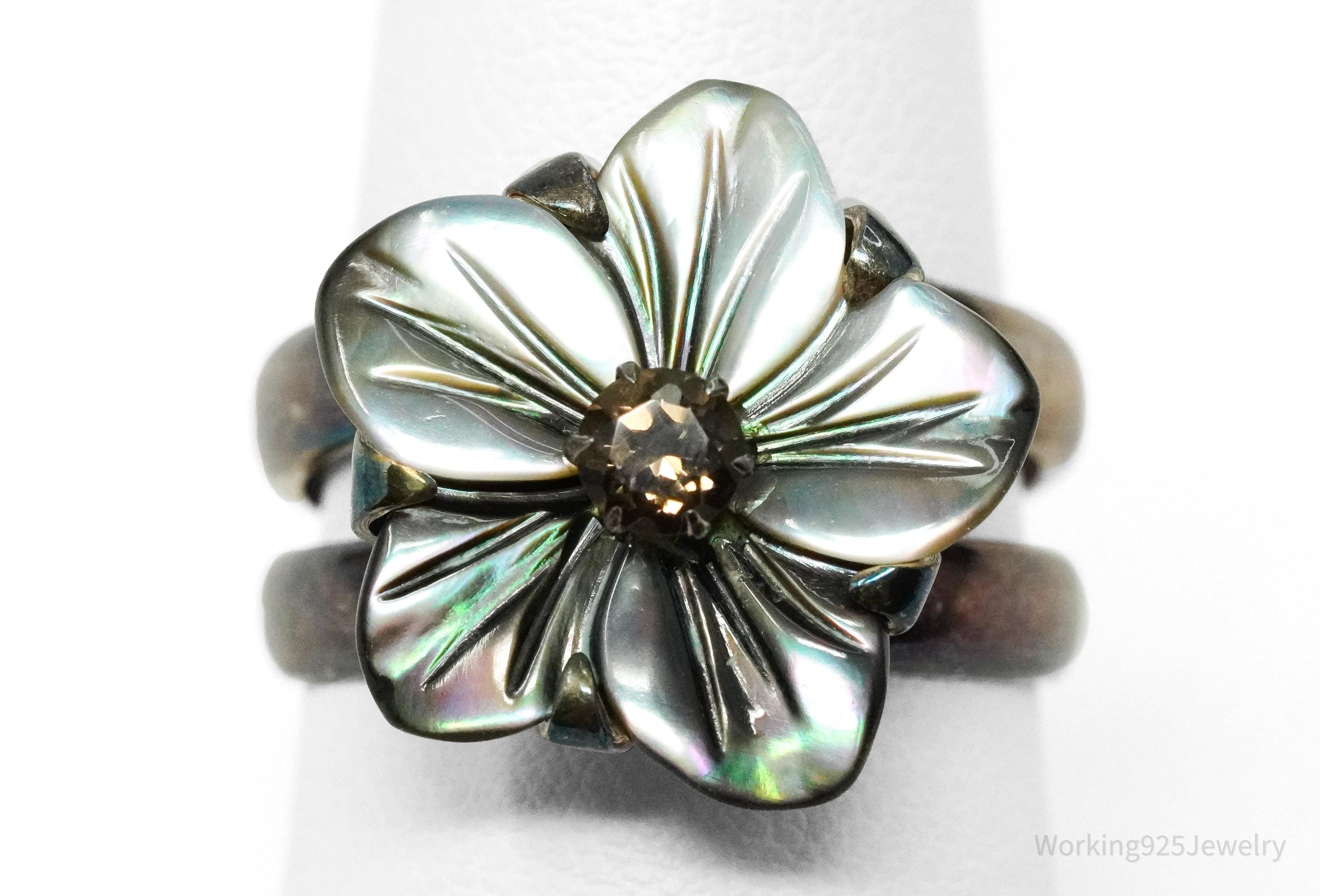 Vintage Black Mother Of Pearl & Smoke Topaz Flower Sterling Silver Ring - Size 8