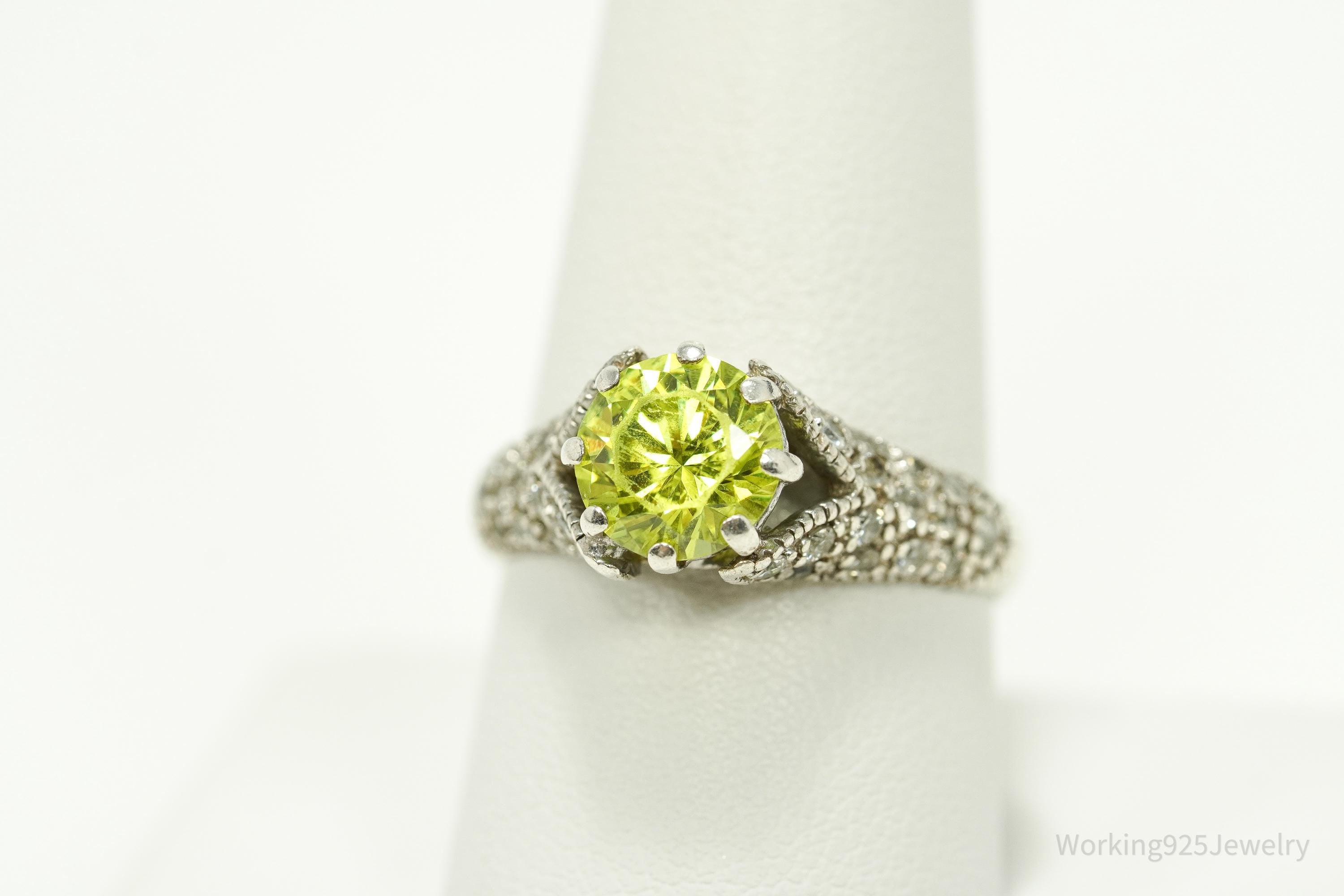 Vintage Espo Green & White Cubic Zirconia Sterling Silver Ring - Size 9