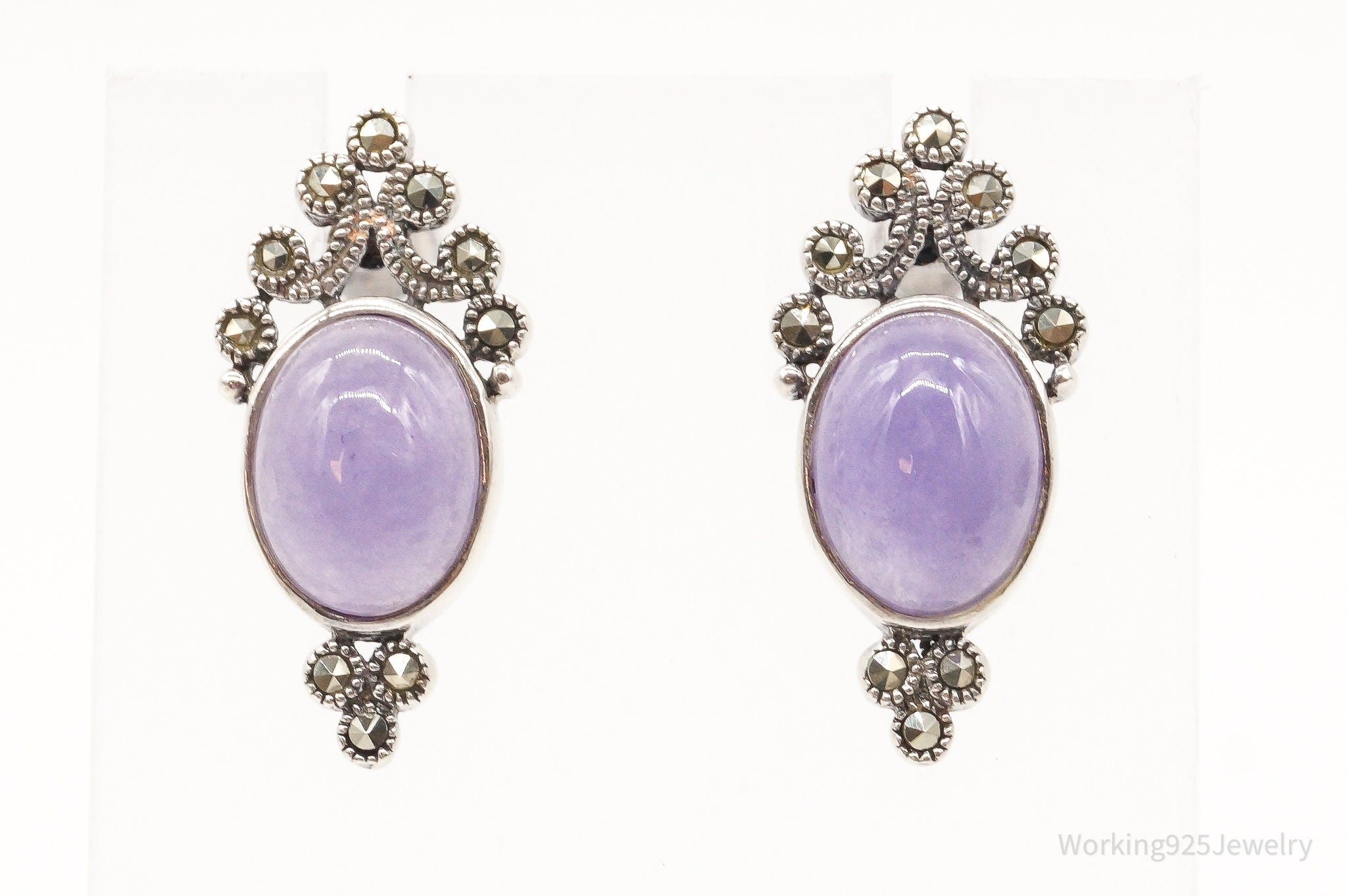 Vintage Purple Jade Marcasite Sterling Silver Earrings