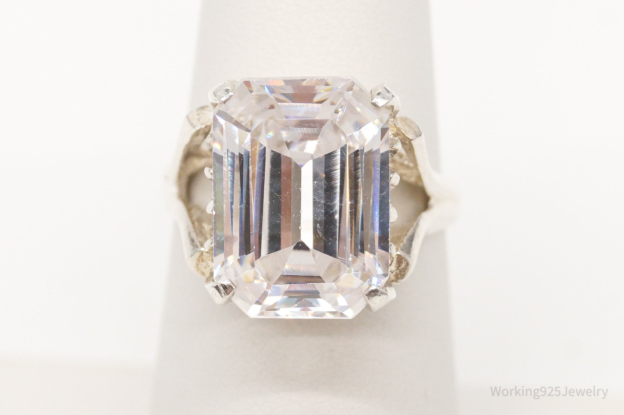 Vintage Large Cubic Zirconia Sterling Silver Statement Ring - Size 6.25