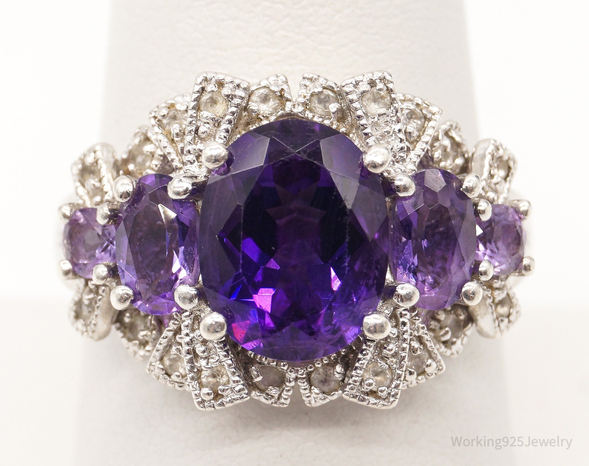 Vintage Amethyst Cubic Zirconia Sterling Silver Ring - Size 7.75