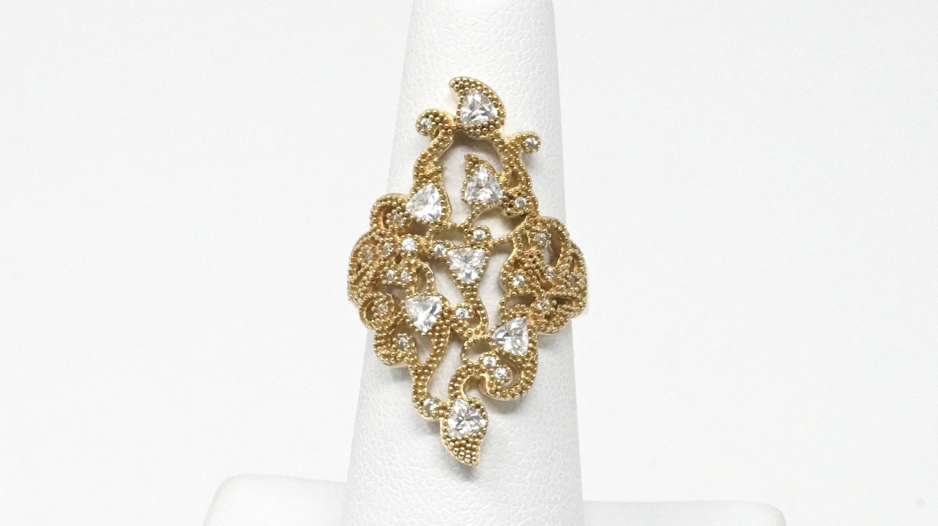 Vintage Ornate Motif CZ Gold Wash Statement Sterling Silver Ring - Size 6.75