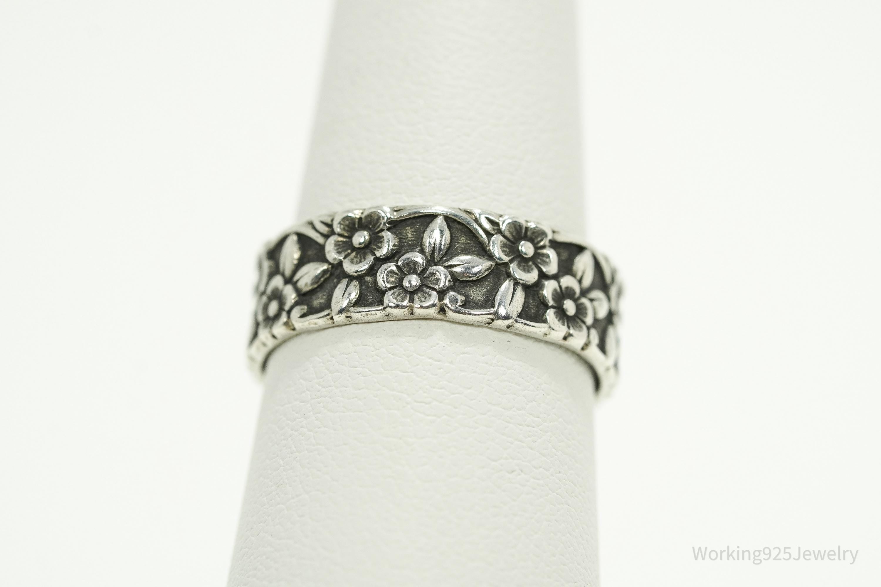 Antique Flowers Sterling Silver Band Ring - Size 7