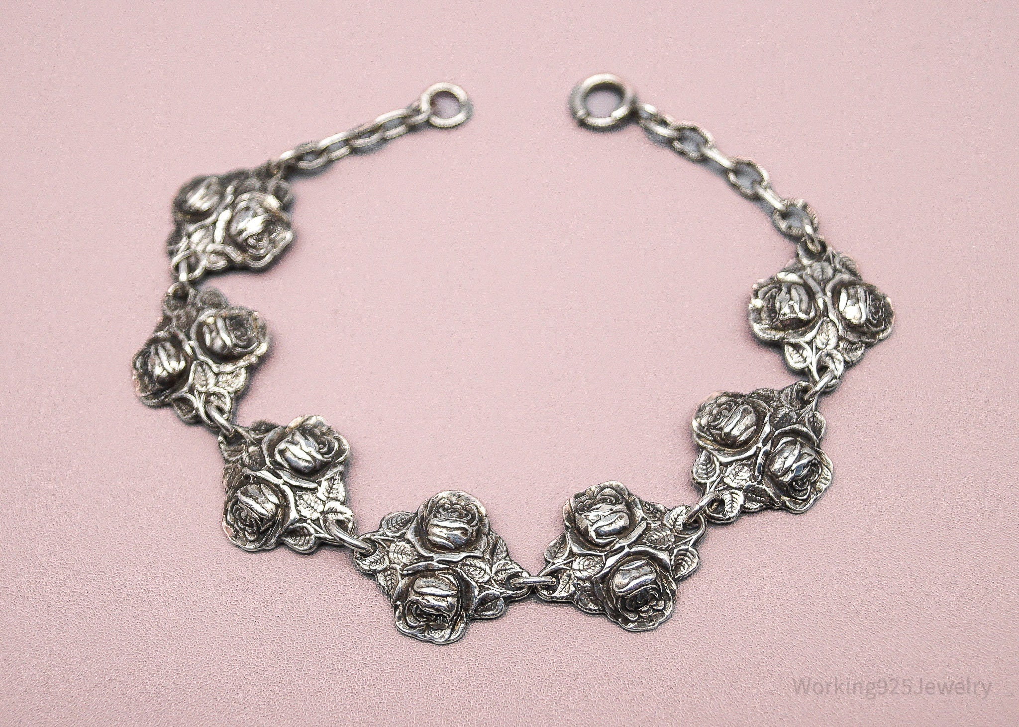 Antique Rosary Roses Mary & Saints Sterling Silver Bracelet - 7 7/8"