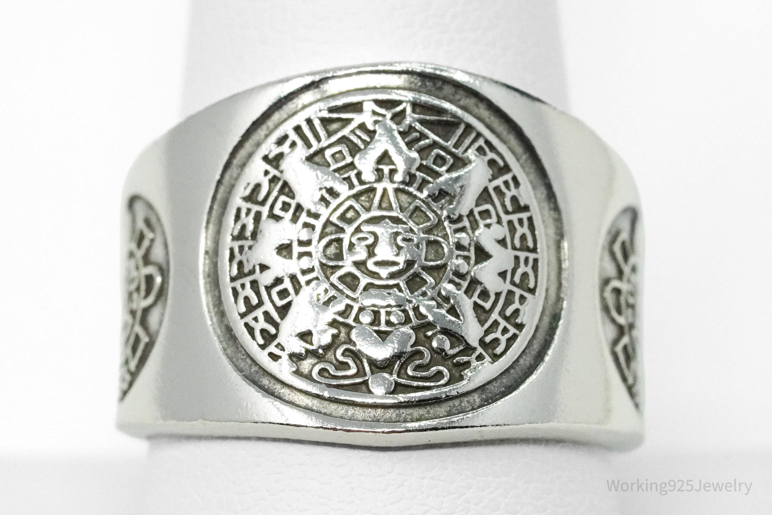 Vintage Aztec Mayan Sun Calendar Sterling Silver Ring Size 10