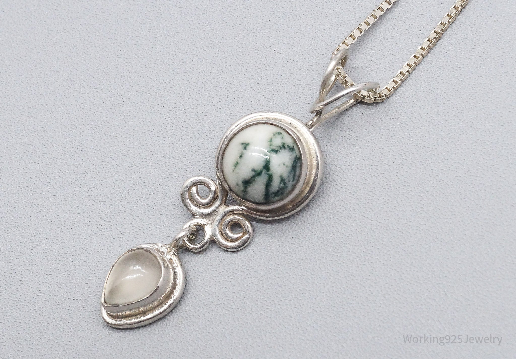 Vintage SAJEN Tree Agate & White Moonstone Sterling Silver Necklace 18"