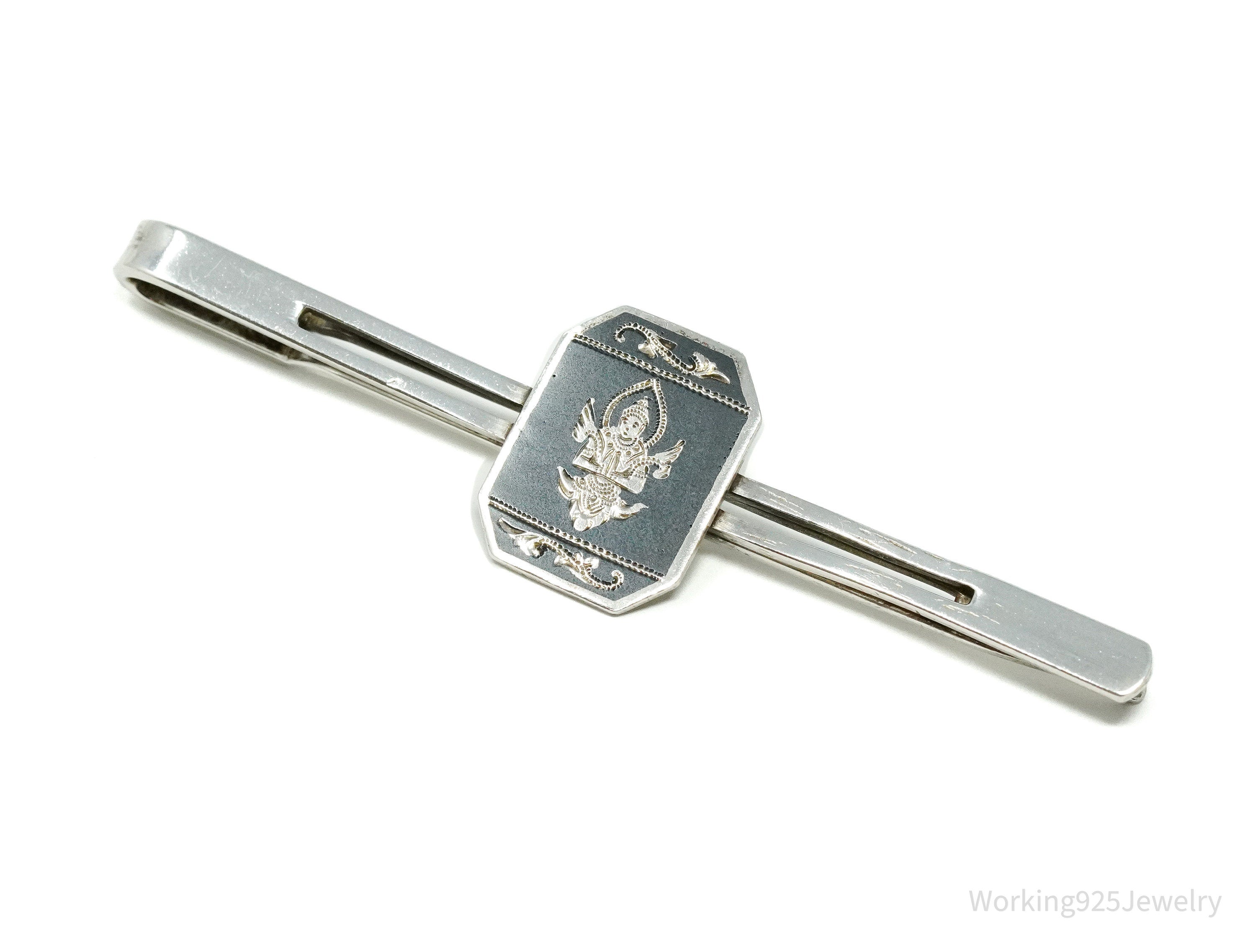 Vintage SIAM Thai Nakon Black Enamel Silver Tie Clip Or Barrette