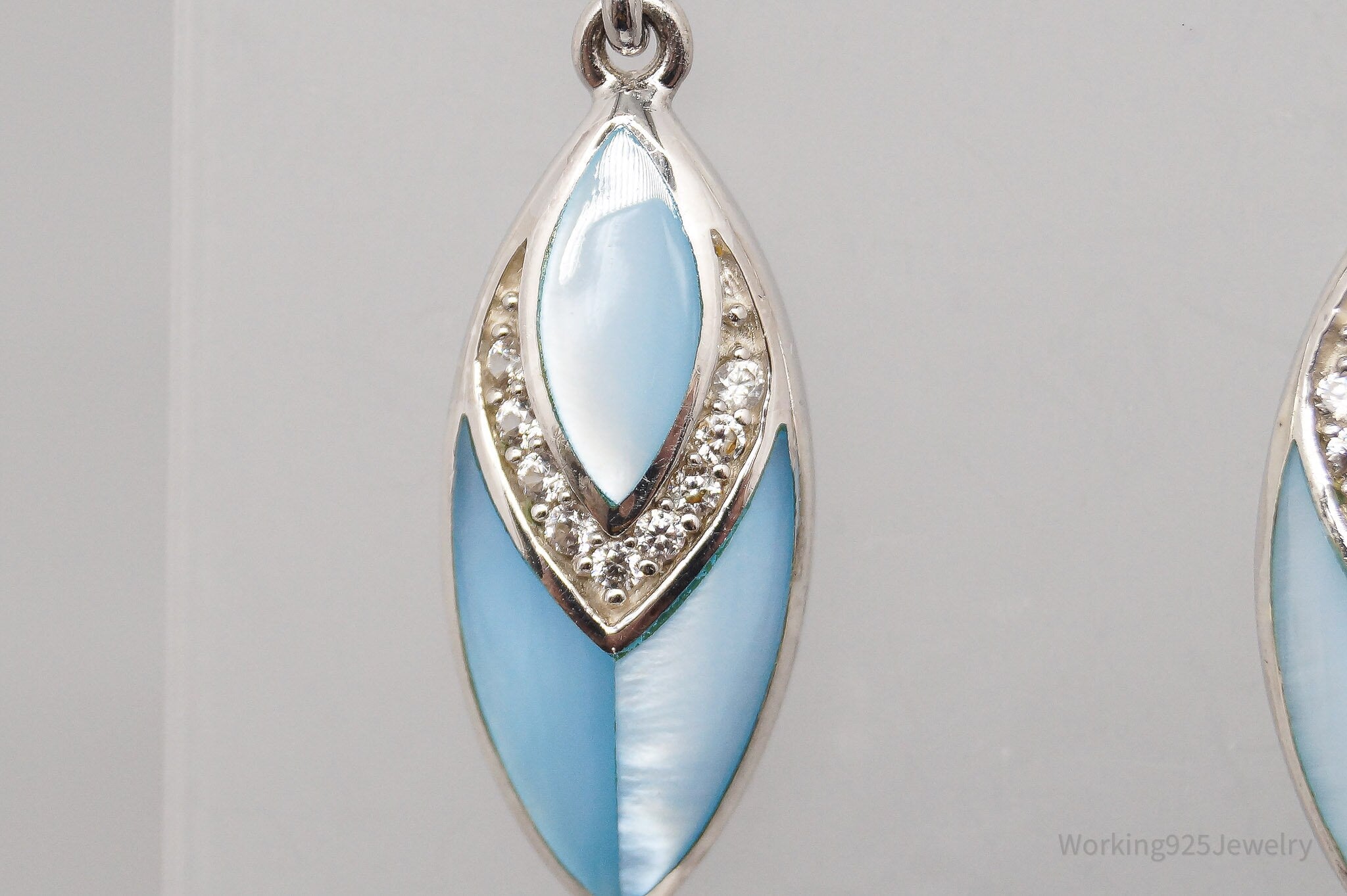 JTV Blue Mother Of Pearl & White Zircon Rhodium Over Sterling Silver Earrings