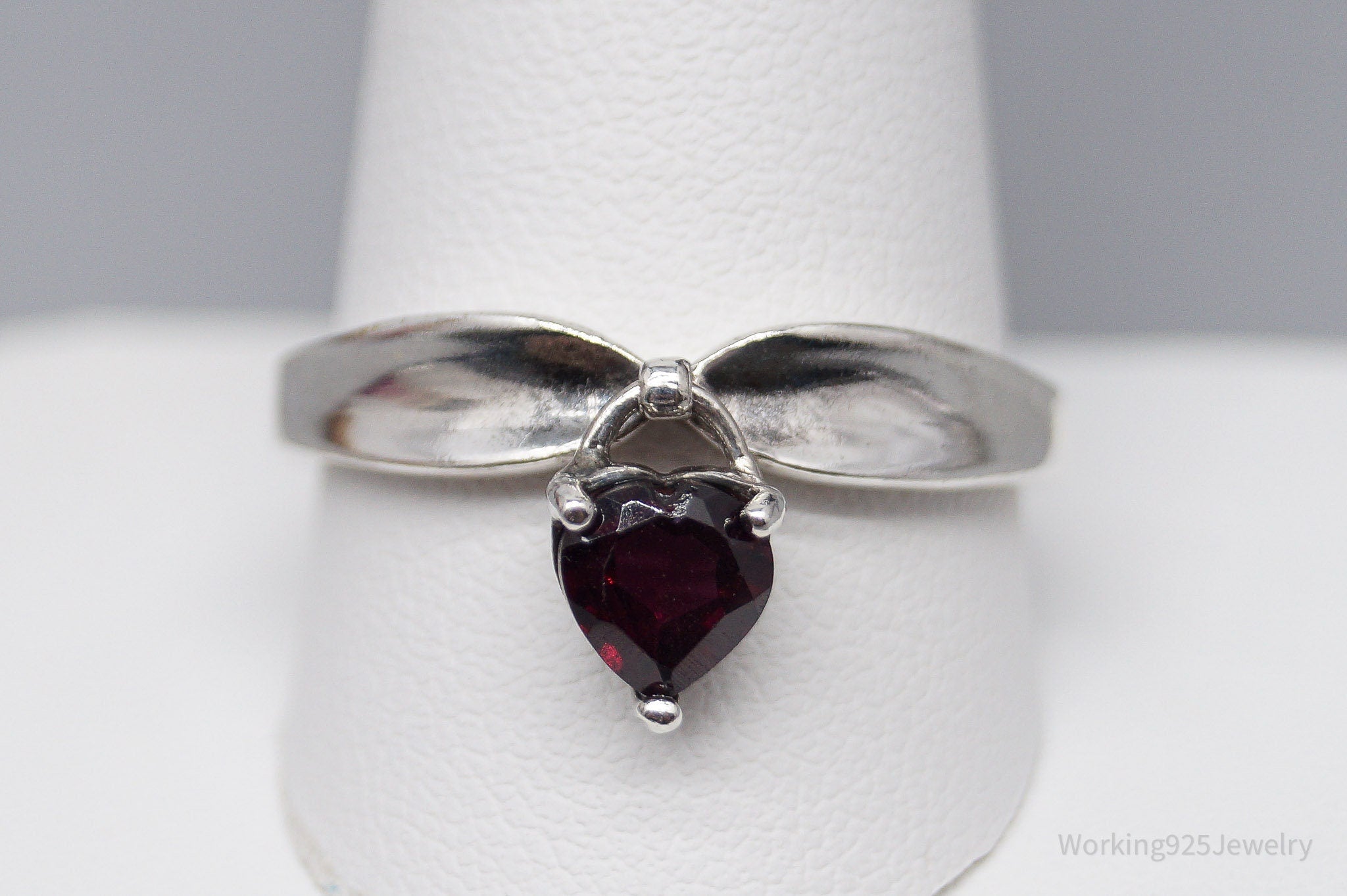 Vintage Avon Garnet Heart Charm Sterling Silver Ring - Size 11