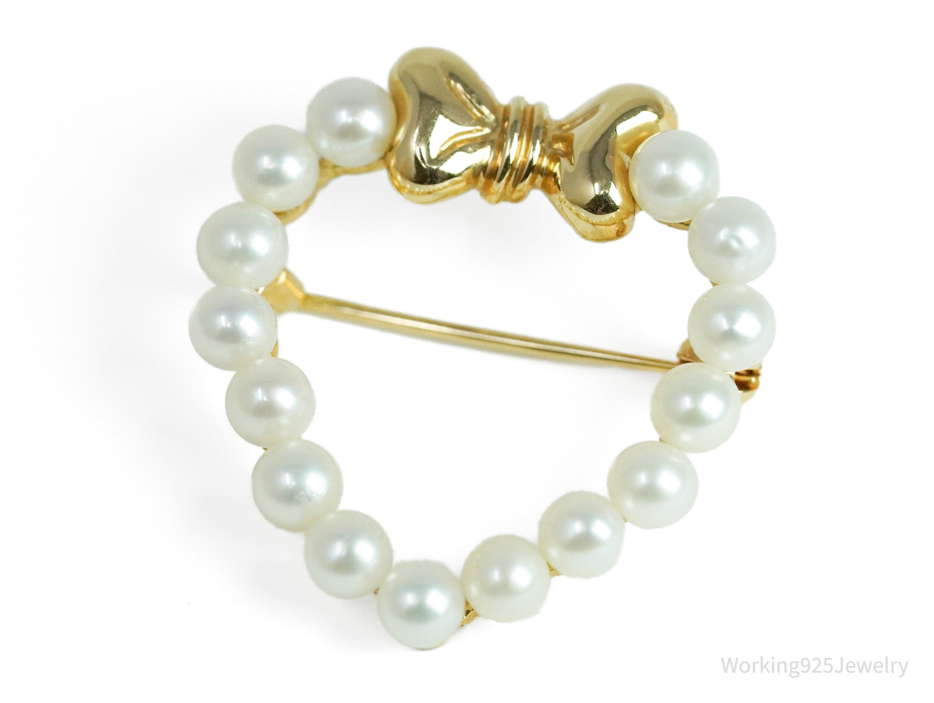 14K Yellow Gold & Saltwater Pearl Heart Brooch Pin