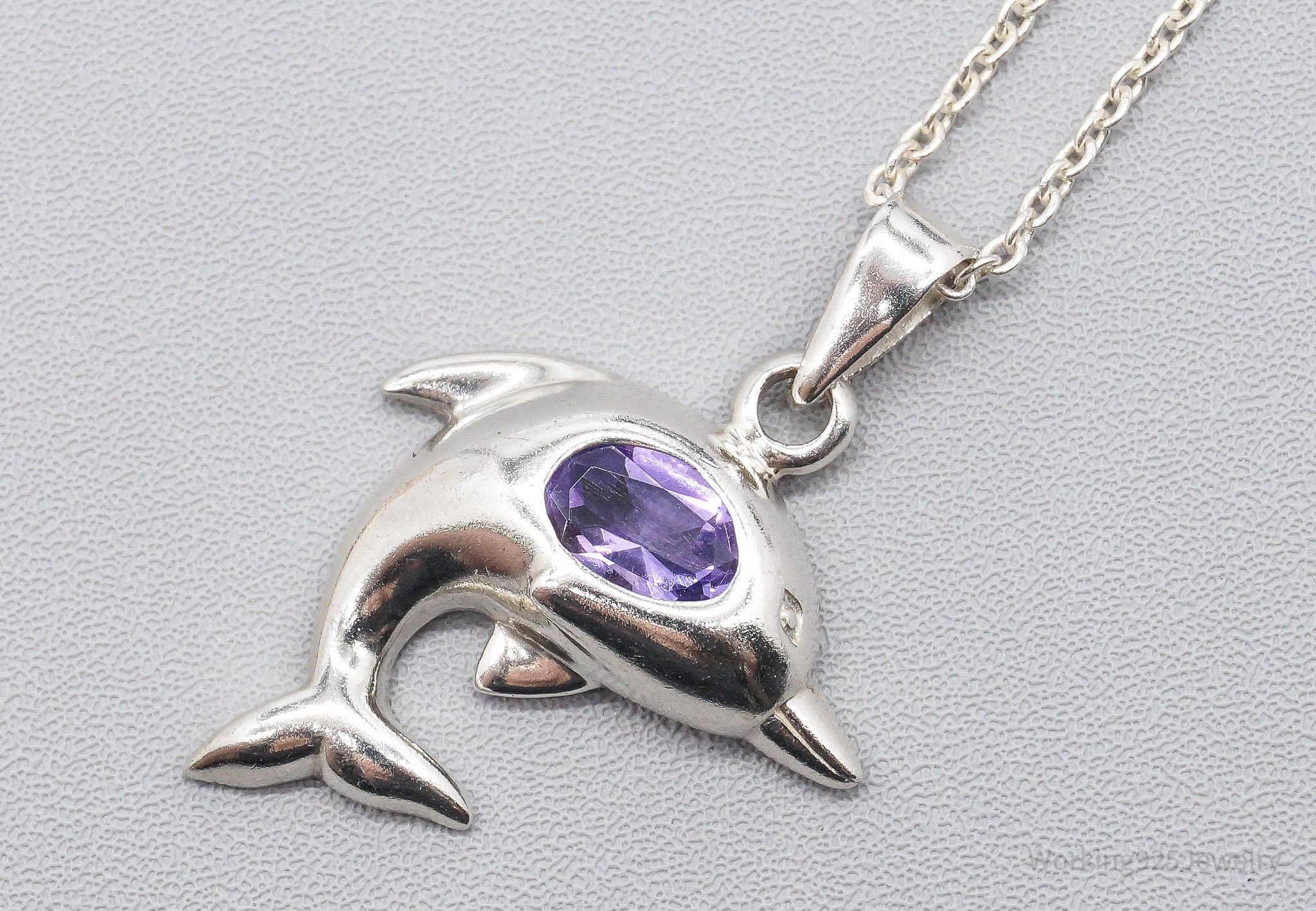 Vintage Amethyst Dolphin Sterling Silver Necklace 18"