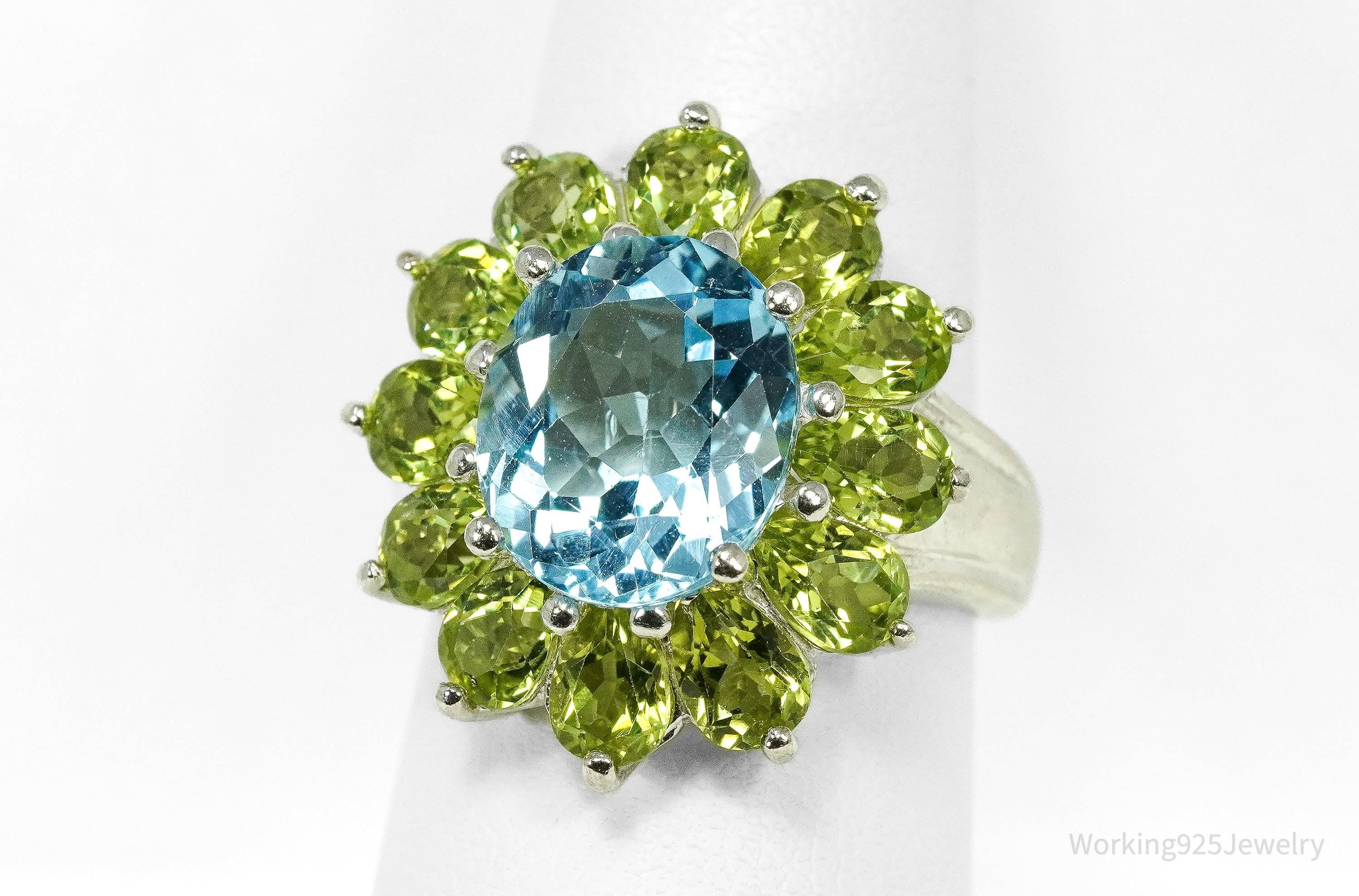 Vintage Blue Topaz & Peridot Sterling Silver Flower Ring - Size 7