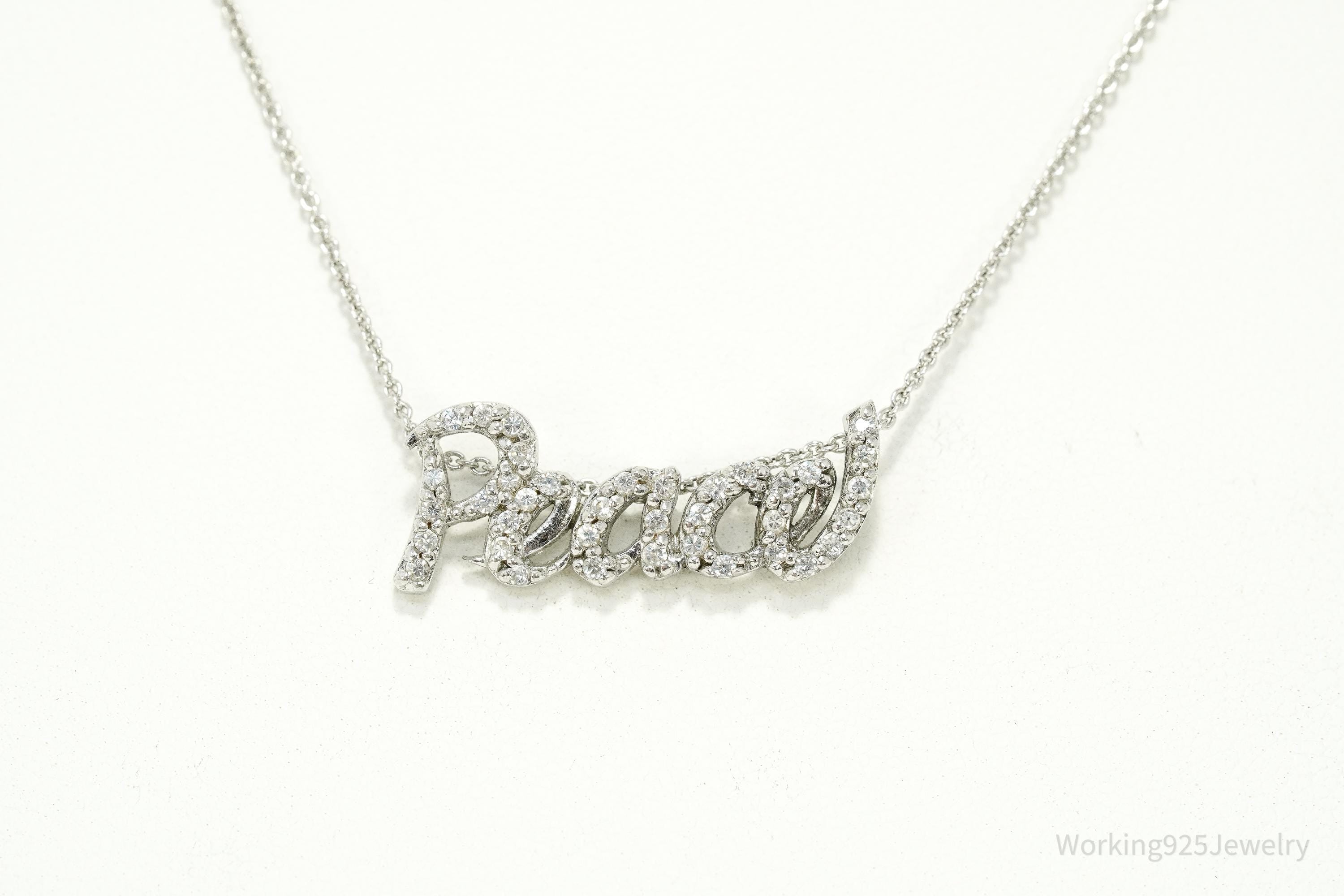 Vintage Cubic Zirconia "Peace" Sterling Silver Necklace 20"