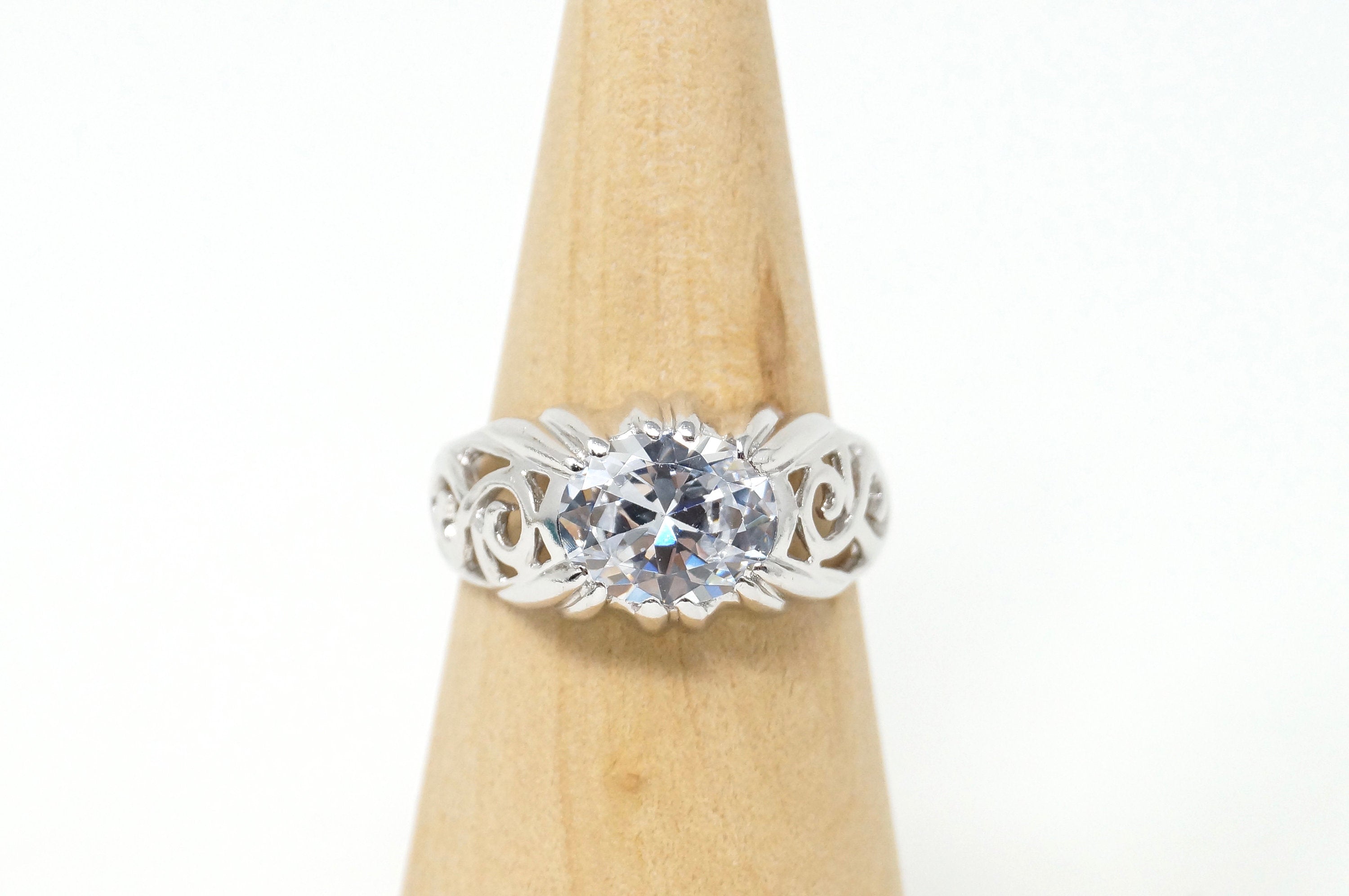 Vintage Scroll Swirl CZ Engagement Sterling Silver Statement Ring - Size 9