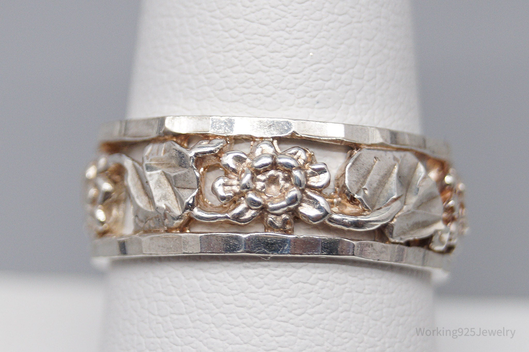Vintage Art Nouveau Style Floral Vines Sterling Silver Band Ring - Size 9