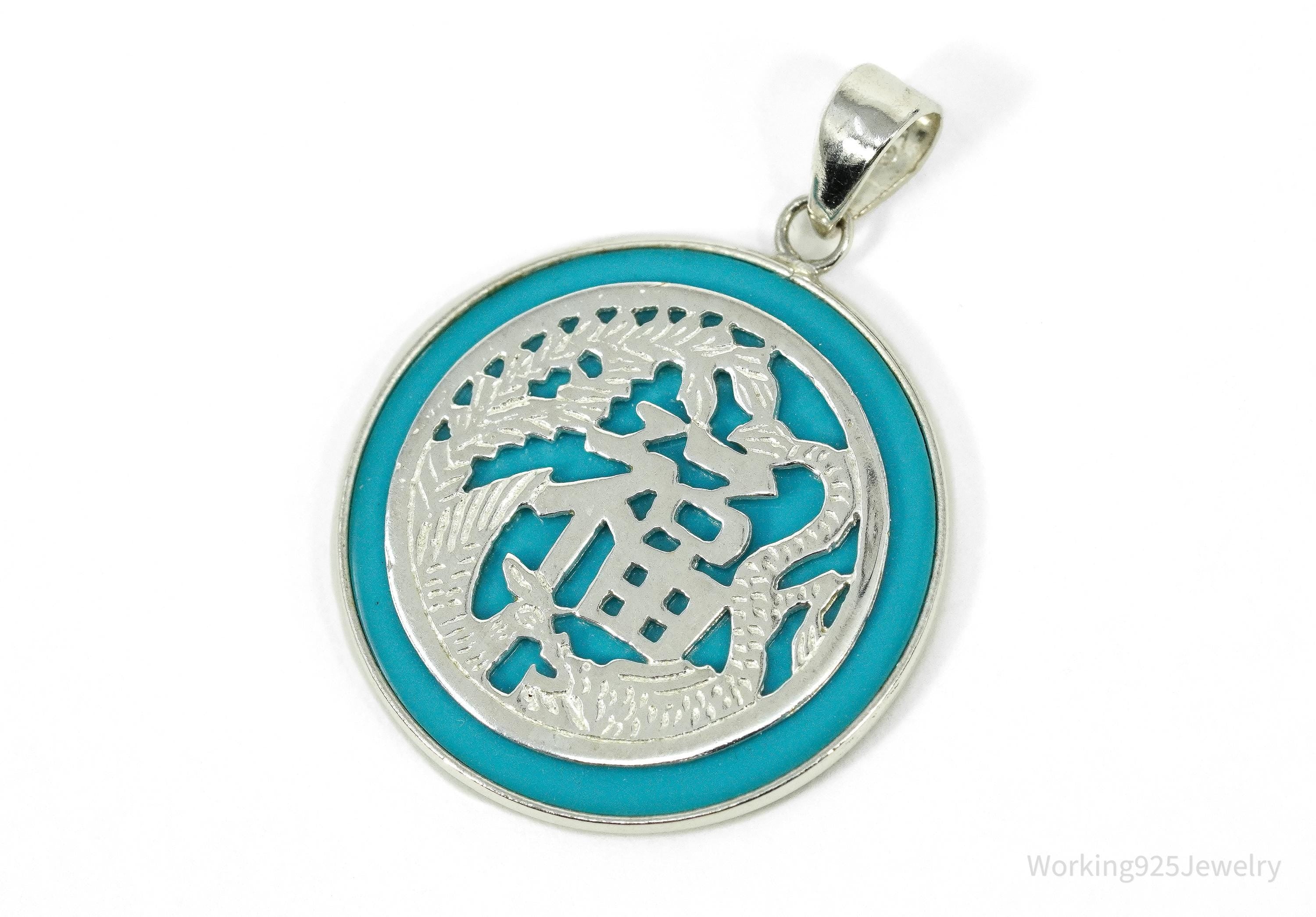 Vintage Chinese Fortune Good Luck Turquoise Sterling Silver Necklace Pendant 1 1/8"