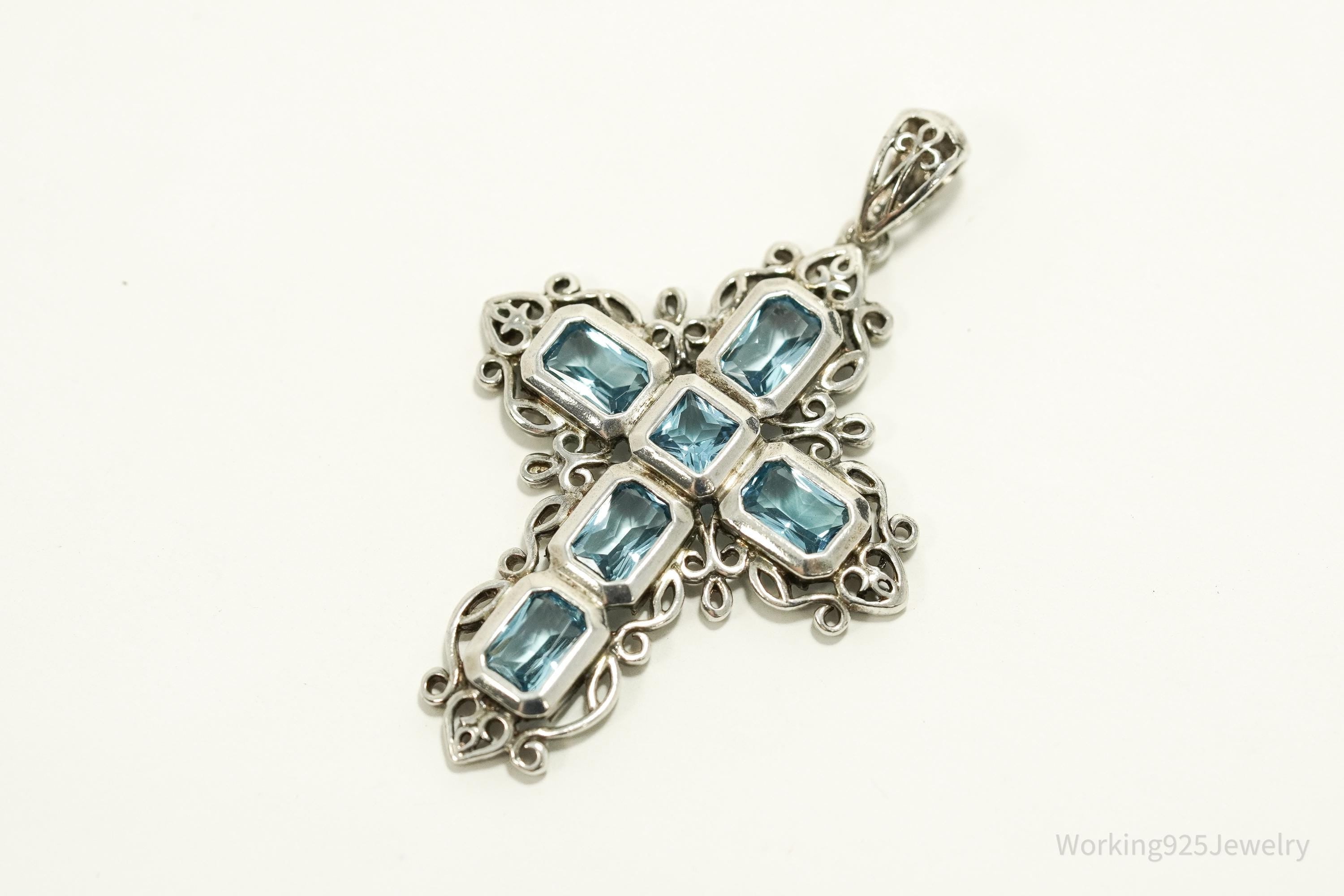 Vintage Blue Topaz Cross Sterling Silver Pendant 1.75"