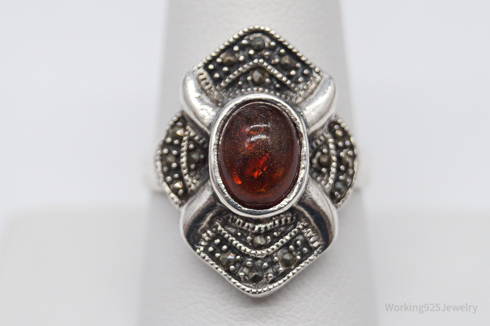 Vintage Amber & Marcasite Sterling Silver Ring - Size 8.75