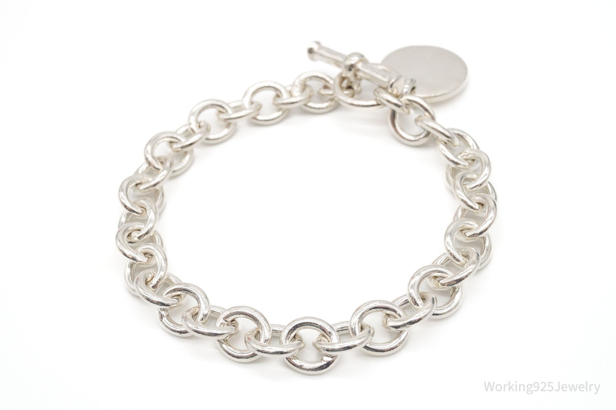 Vintage Circle Charm Sterling Silver Link Toggle Bracelet