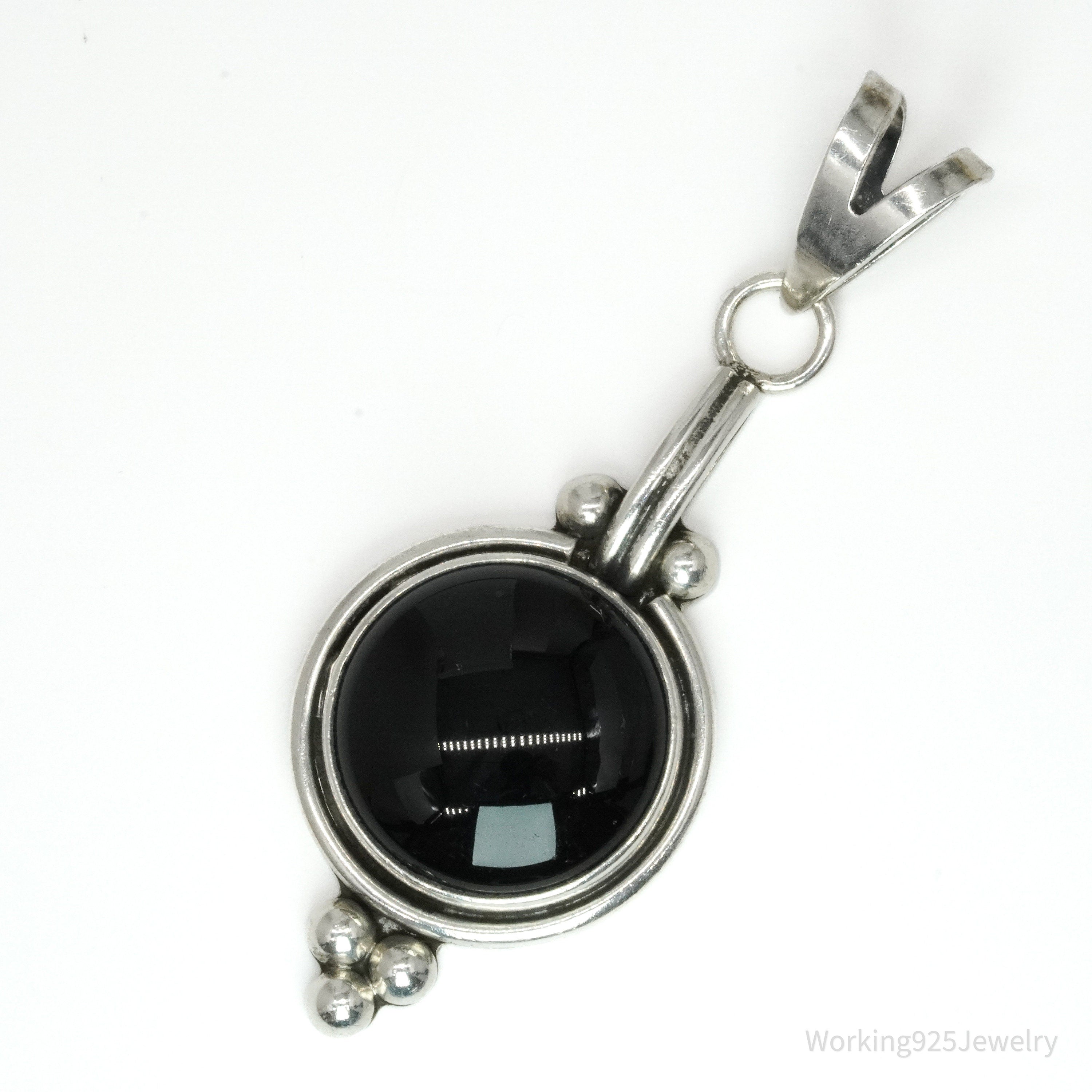 Large Vintage Modernist Black Onyx Sterling Silver Necklace Pendant