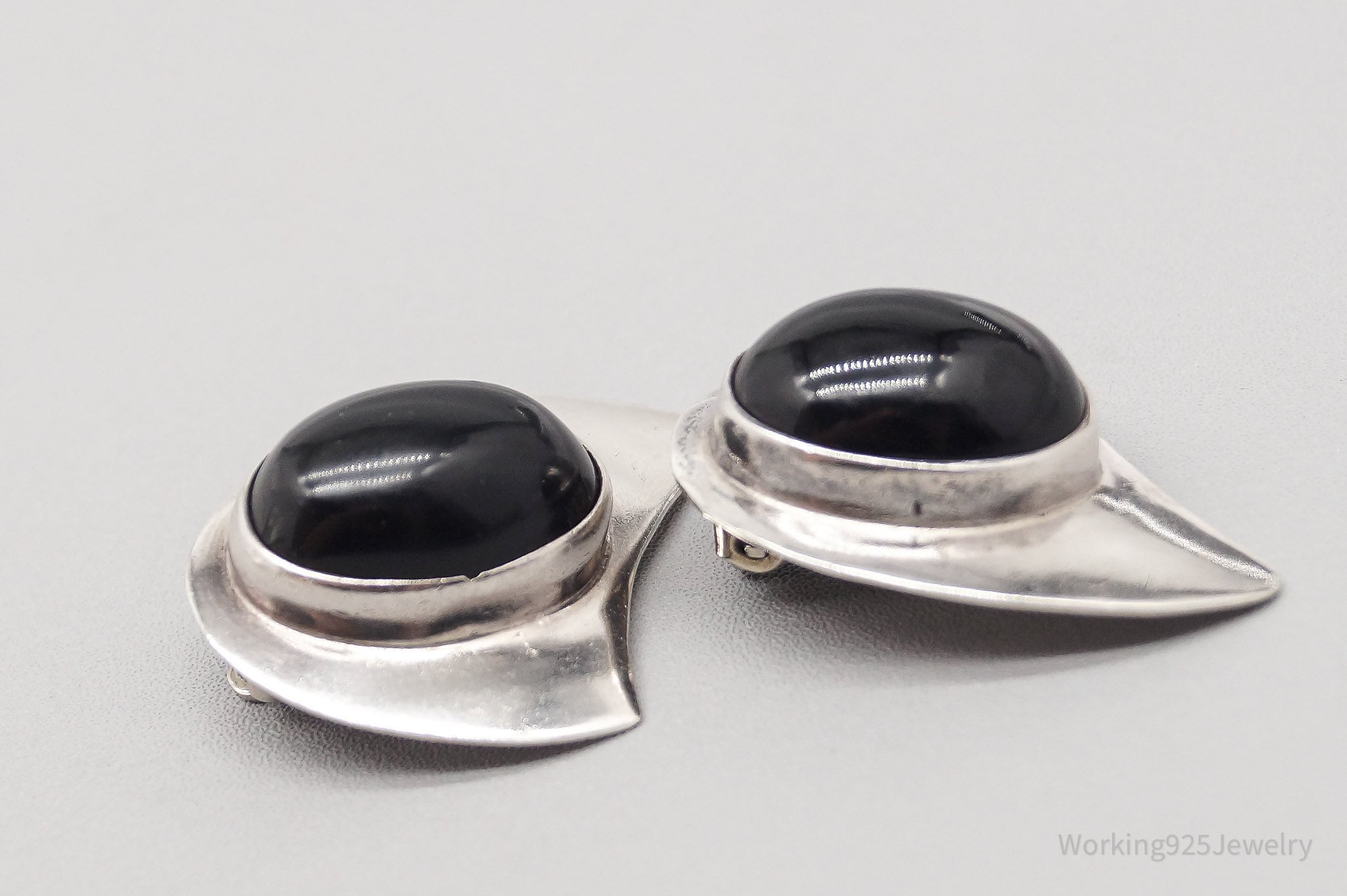 Vintage Large Mexico Modernist Black Onyx Sterling Silver Clip On Earrings
