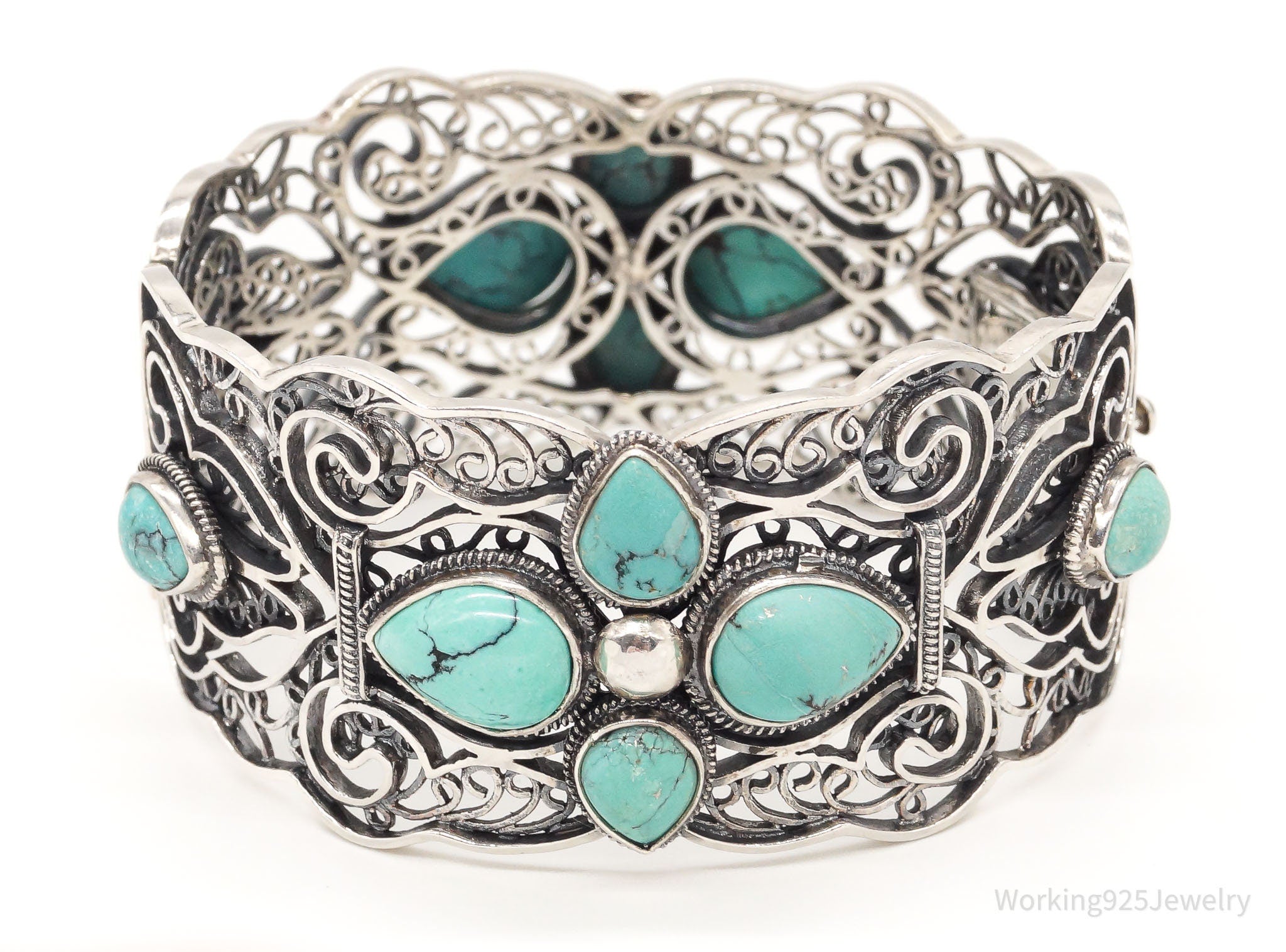 Vintage Chinese Designer BJ Turquoise Filigree Sterling Silver Cuff Bracelet