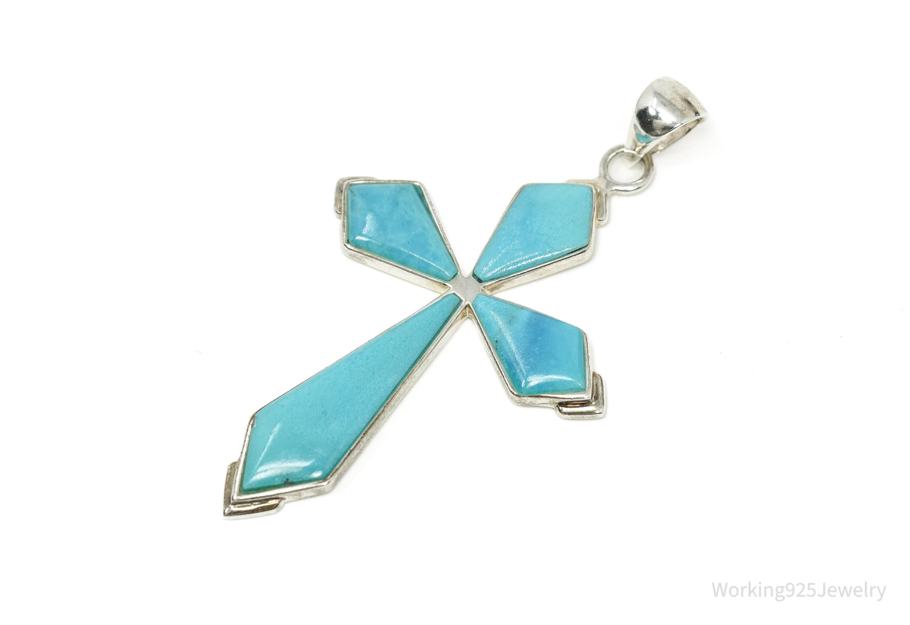 Large Vintage SX Designer Turquoise Inlay Cross Sterling Silver Pendant 3"