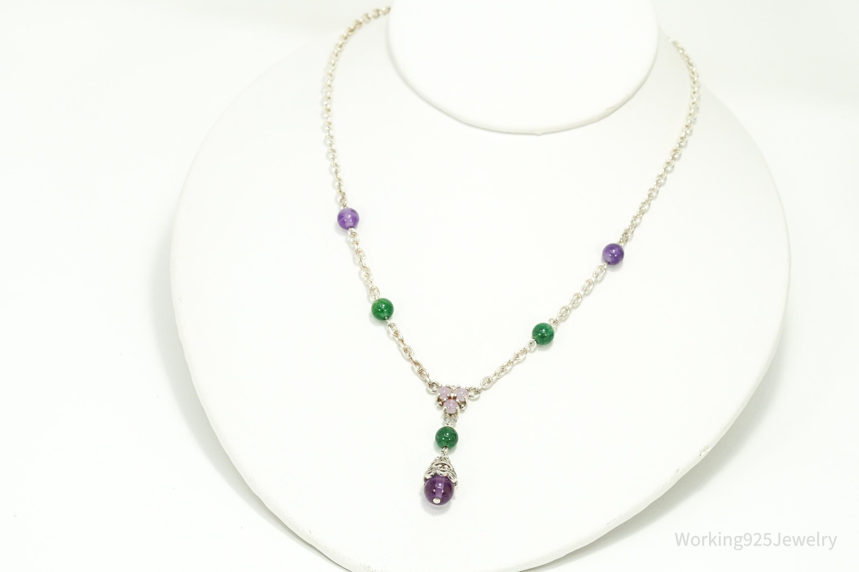 Vintage Jade & Amethyst Sterling Silver Necklace 17"