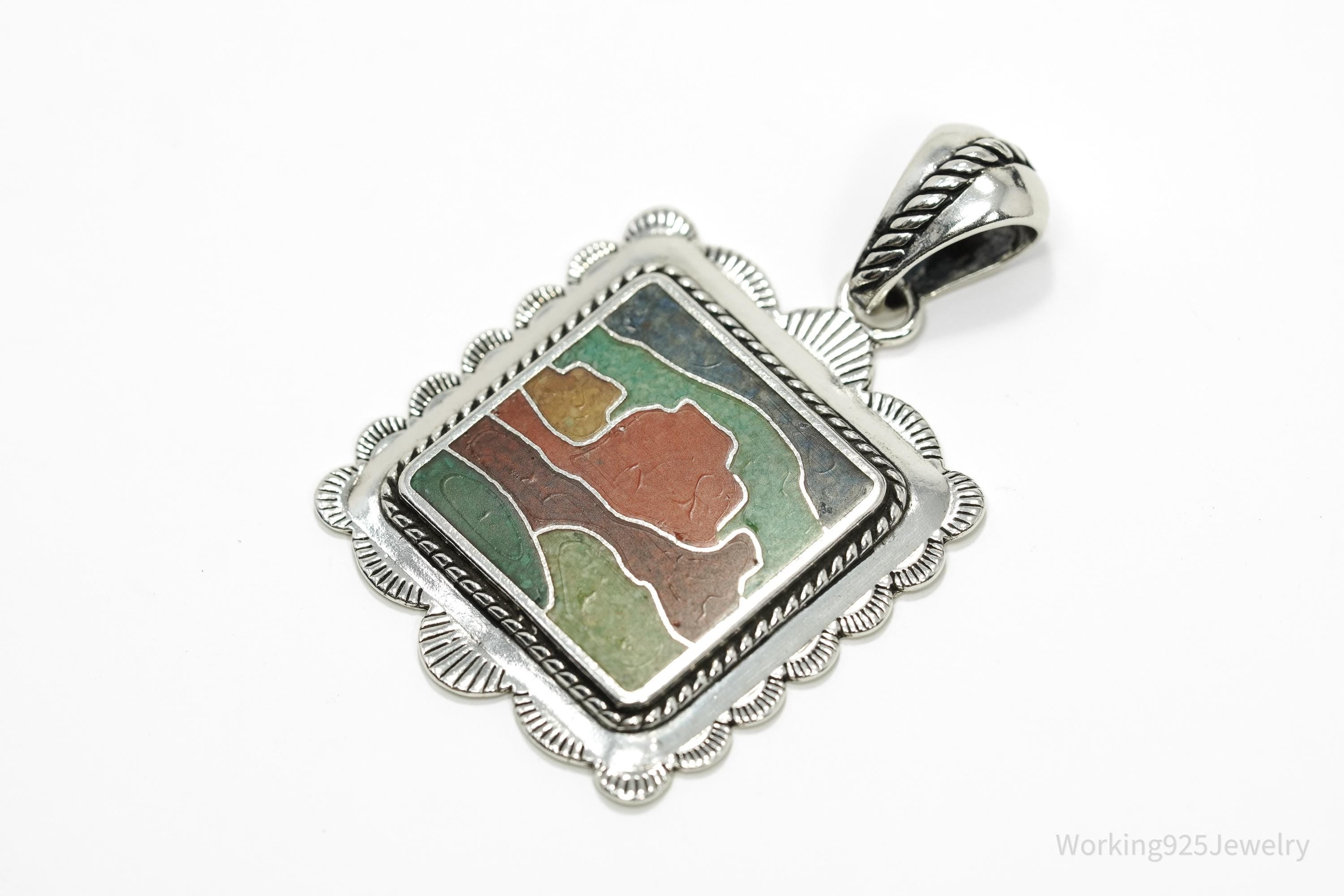 Large Vintage Carolyn Pollack Relios Desert Scene Multi Gem Inlay Sterling Silver Pendant