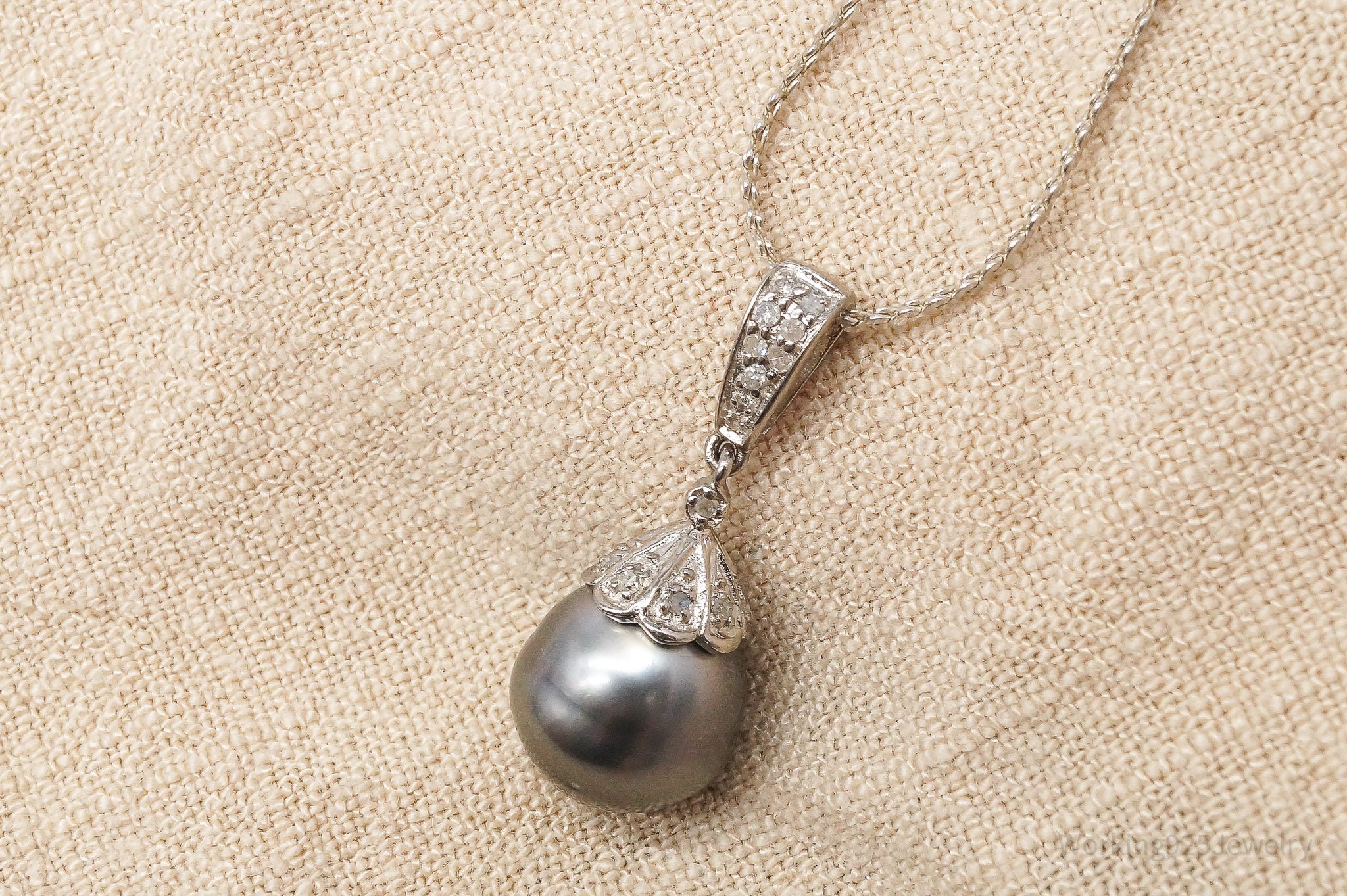 Vintage Pearl & Diamond Sterling Silver Necklace 18"