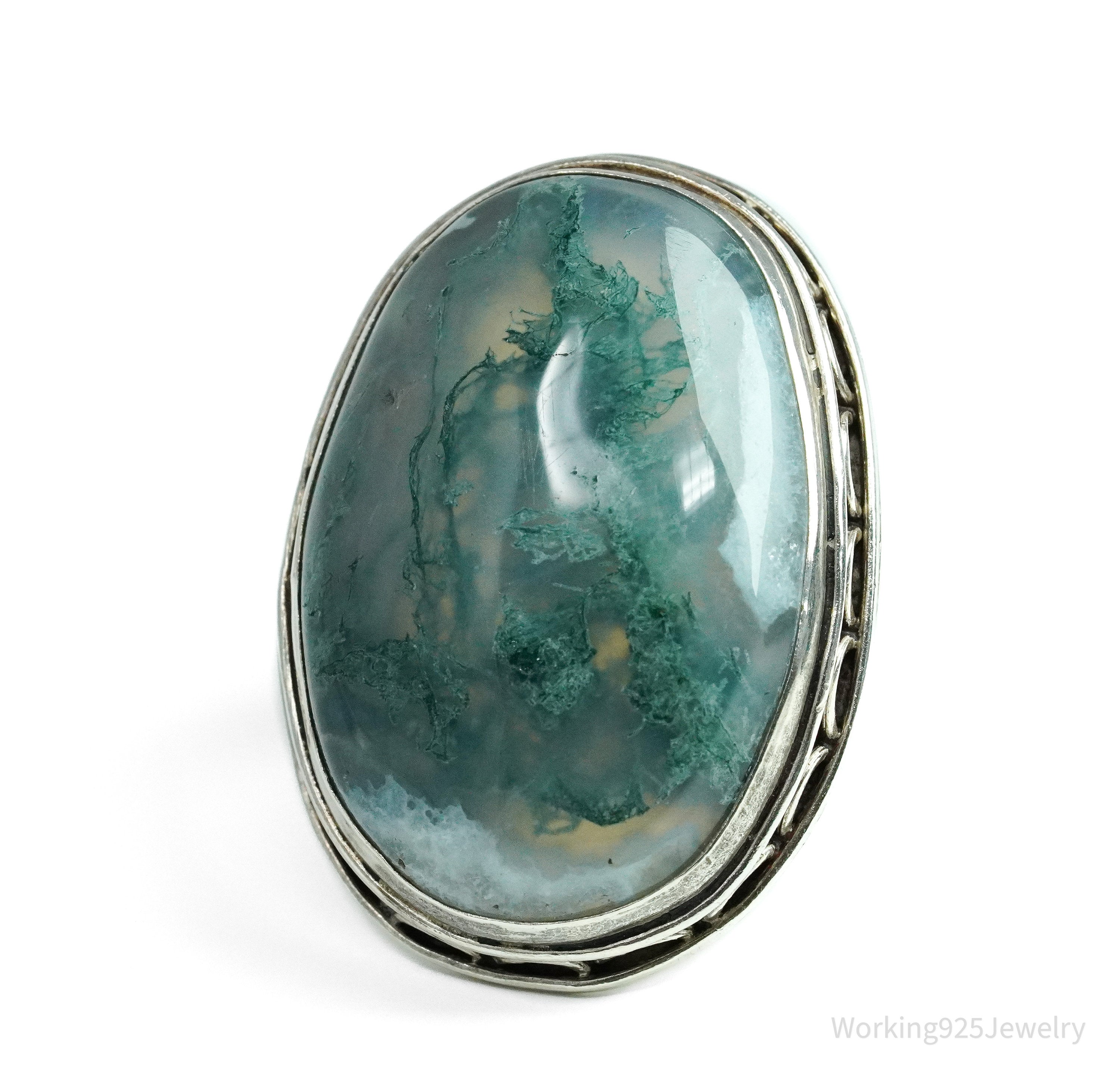 Vintage Large Moss Agate Sterling Silver Ring - Size 7.5