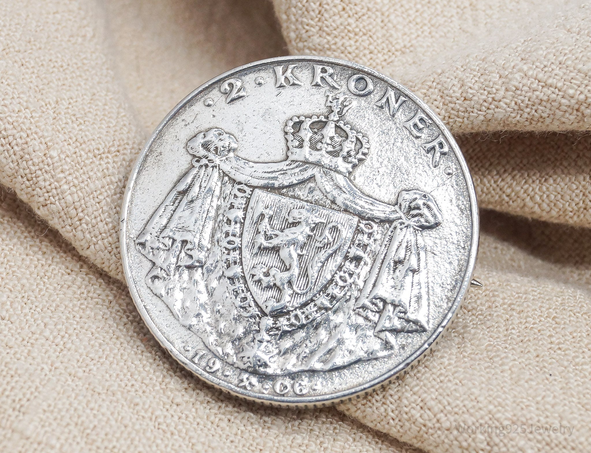 Antique Norway 1906 Silver 2 Kroner Silver Coin Brooch Pin