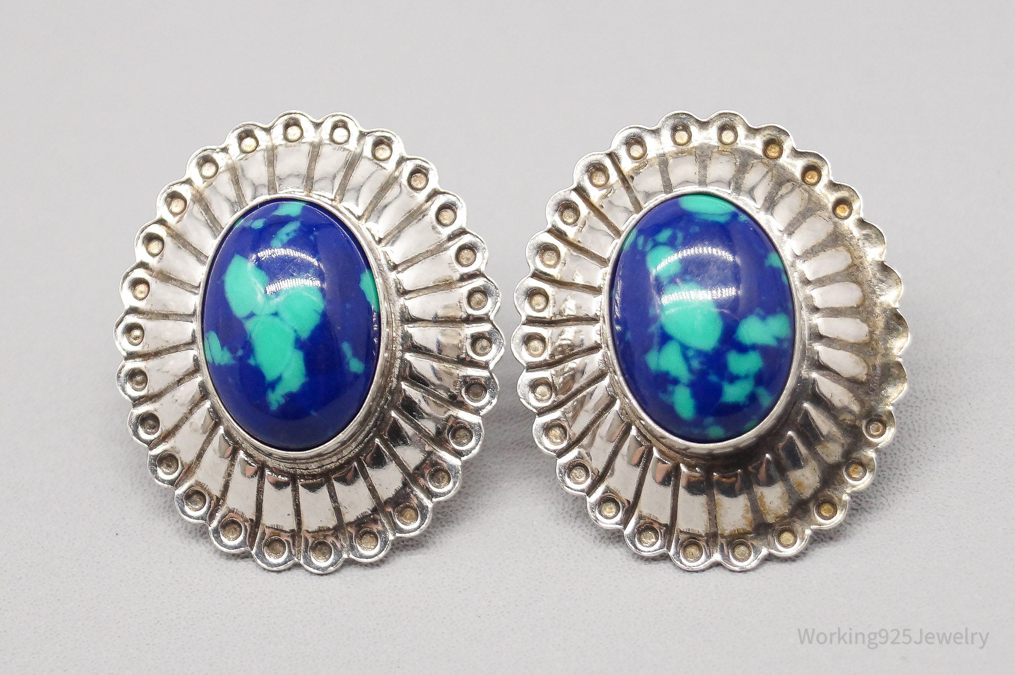 Vintage Native American Azurite Malachite Sterling Silver Earrings