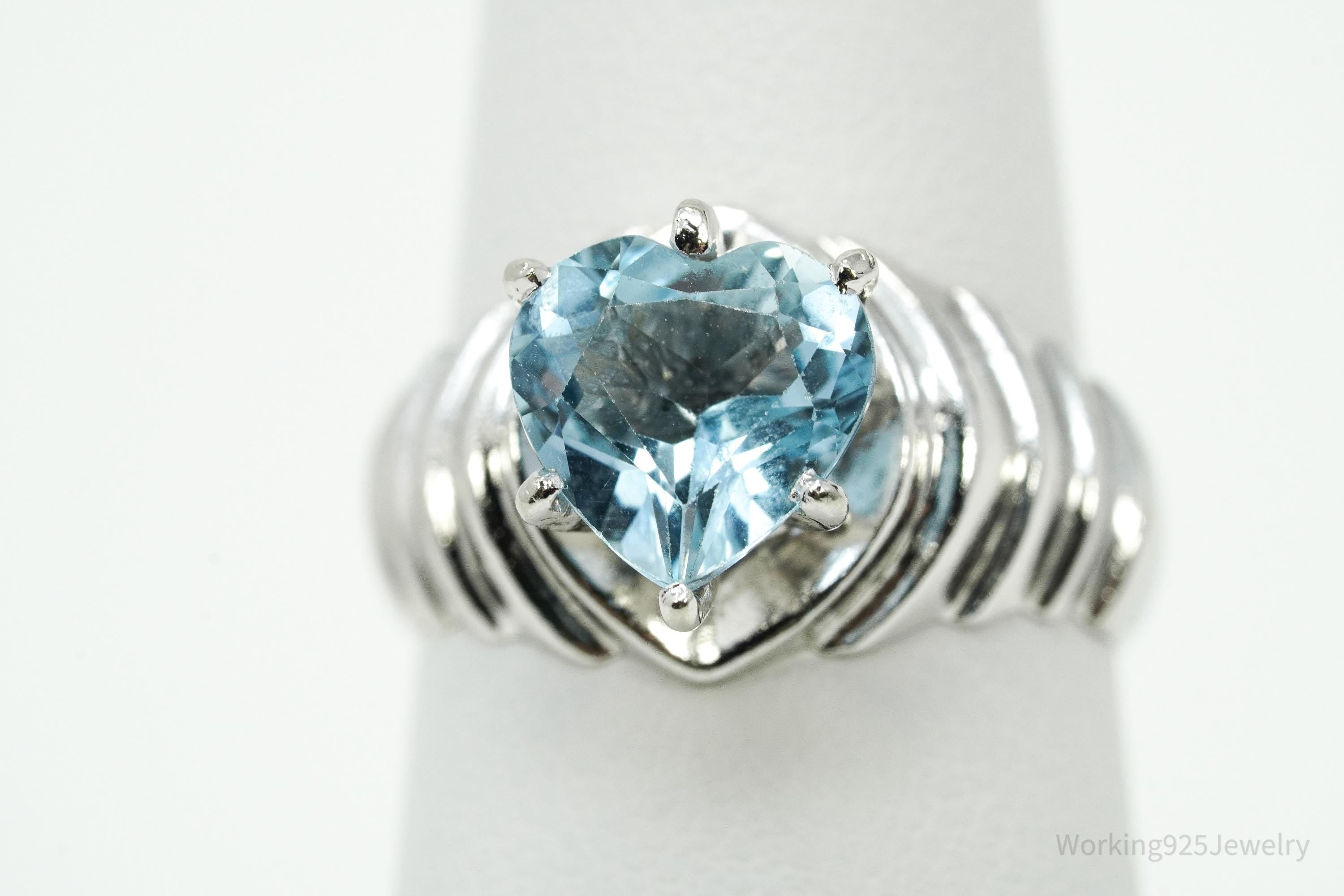 Vintage Blue Topaz Heart Sterling Silver Ring - Size 6.75